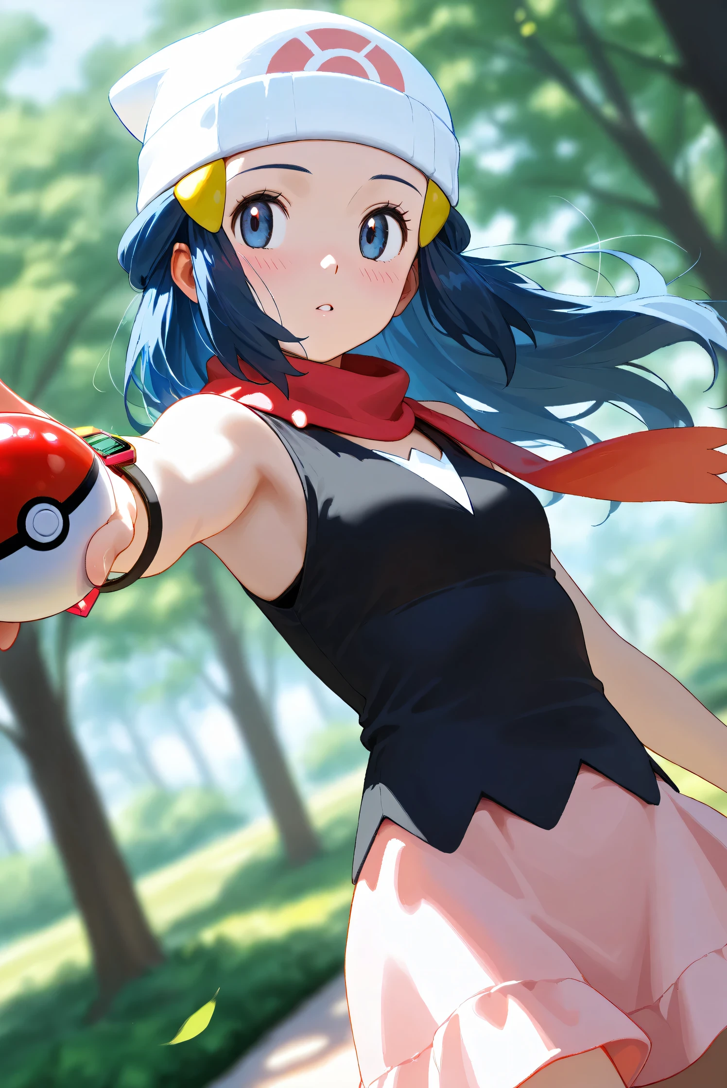 (Masterpiece), (Highest quality), (Very detailed),
(The best shape), (Best Shadow), (Absurd),
(Detailed background), (So beautiful), Shiny ,
Beautiful eyes in every detail, Extraordinary, Countershading, 8k, 32K, High resolution,
Very Detailed CG, UHD,
Score_9, Score_8_up, Score_7_up, Source_anime,
(Pastel painting:1.2), (Watercolor painting:1.2),
(Masterpiece, Detailed:1.2), (Foreshortening:1.2),
Cinematic, Dramatic, (Depth of field:1.4),
(Blurry background:1.4), (Realistic background:1.4),
(Foreshortening:1.3),Dynamic angle, 1 girl,
Outdoor, Nature, Park, Wind,
Hikari, Pokémon, Anime style,
aadawn, long hair, blue hair, beanie, white headwear, hair ornament, blue eyes, breasts, red scarf, sleeveless shirt, black shirt, wristwatch, bracelet, pink skirt,
Wristwatch on the right wrist,
(Bracelet on left wrist:1.1),
Portrait, Focus on face, (Close up shot:1.2),
(Blush:1.3), parted lips, one Pokéball,
Shiny skin,