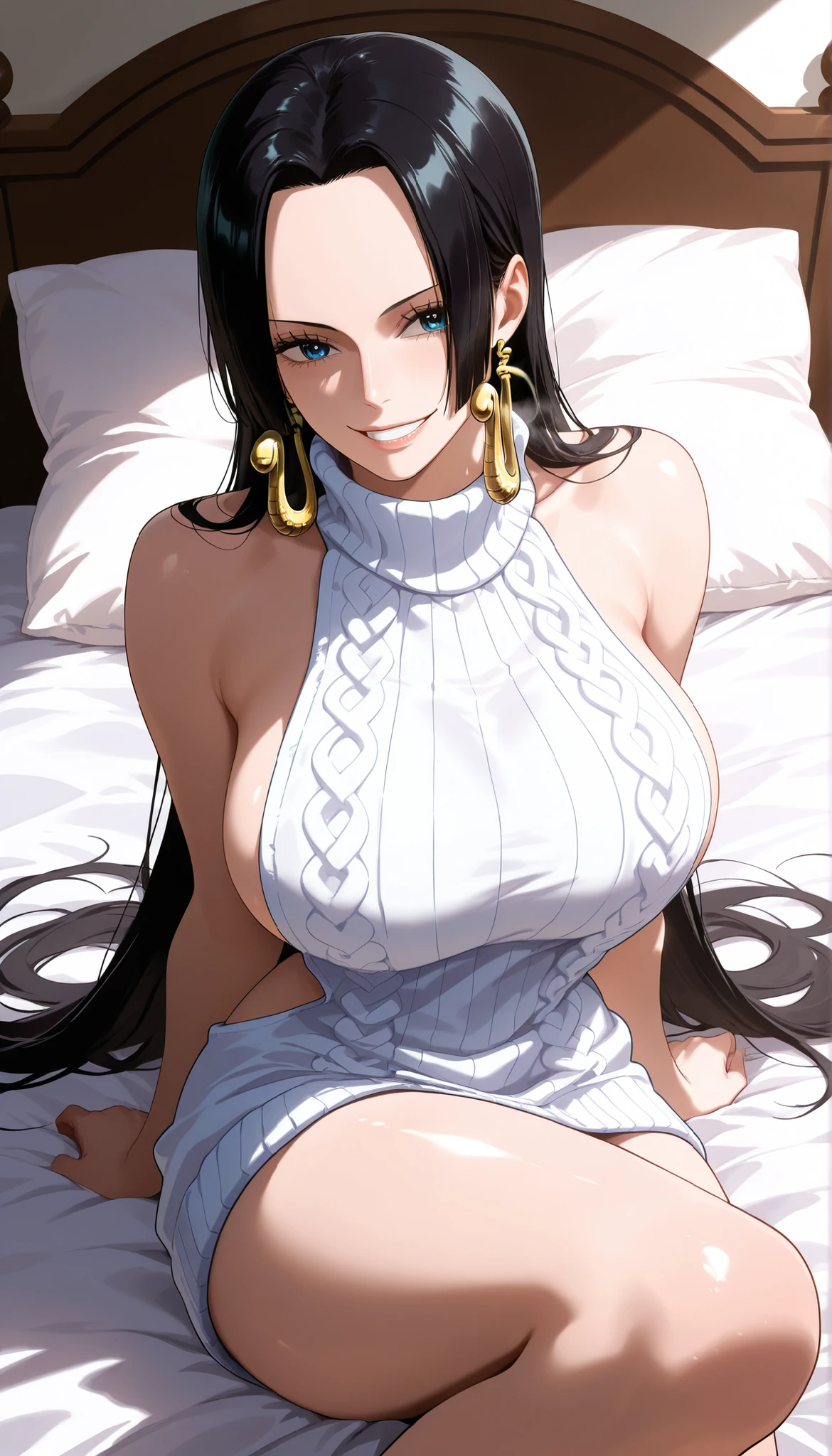 masterpiece, best quality, amazing quality, Sharp images, bright colors, beautiful light and shadows, 1girl, (Boa Hancock , Chainsaw man, One Piece, blue eyes, black hair), wearing  white virgin killer sweater, very happy smile, medium up shot, simple background, medium size  , golden ratio face, sexy pose, Pinkish skin tone, smooth and soft skin, shiny skin, sitting down,  bottom view,  side view, sexy body, good smell effect, naked lower body, lying on bed, Pattern style on the pillow