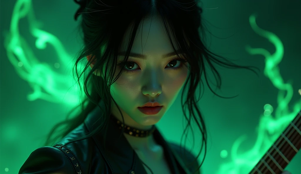 Close up in the eyes of a sexy woman, playing guitar, close nela, dark and elegant, of Oiran emerges from the darkness of the night, com uma beleza sublime de folhas vermelhas vibrantes dark green energy, dark green soul, dark green smoke, dark green aura surrounding her. The contrast between deep darkness and vibrant colors creates a striking visual, in ancient China Japanese climate capturing the eyes and hearts of those who contemplate it. dark green energy, Black green around her, fumaça Black green around her, tattoo on arms, green energy around her, aura of fire gold , energia, fundo verde, green fire during the dark night,  scenario war destroyed on the epic empty background , blazing green during the night lots of heavy metal green flames, Fire Black Background White line of black fire falling horizontally with a black background, preto,  dark matter , meteoros, fragments of chaos , Black flames, medieval war scenario empty face pretty face,extremely detailed,intricate details,eyes extremely detailed, high detailed eyes,16k resolution,
realistic humid skin,extremely intricate details, epic realistic ,face anatomically correct,Ultra HD,HDR,
natural skin textures, hyper realism,realistic skin texture, hyper detailed,extremely Realism,Ultra Detailed,body logically correct

