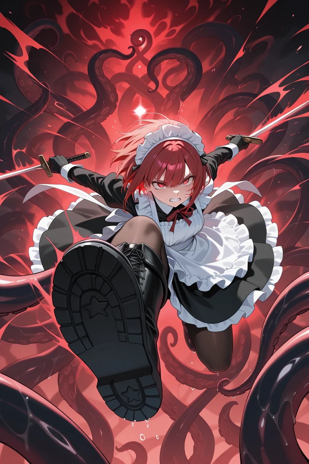 ,Red hair,Eyes red,sharped teeth, white dress with chains