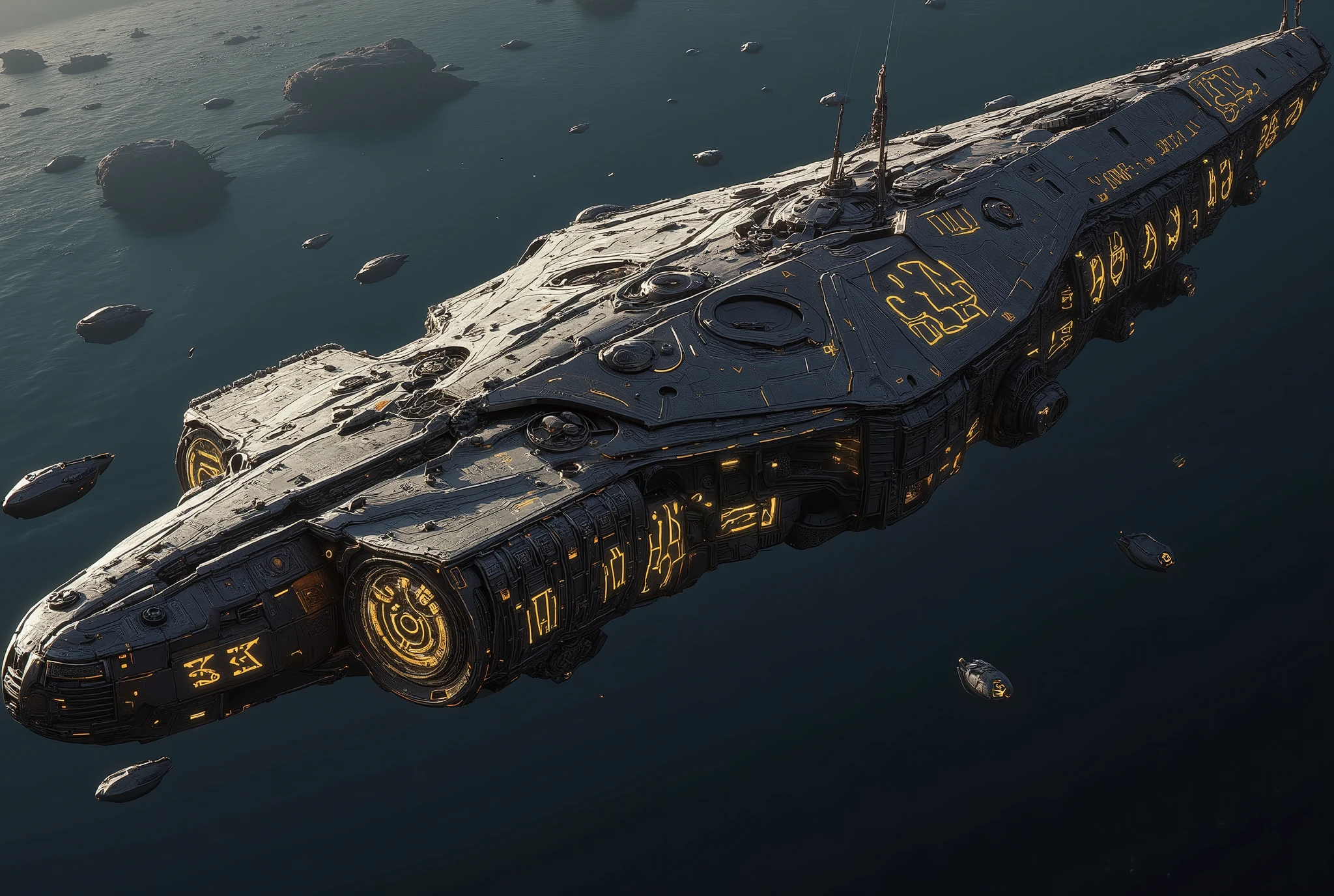 "A hyper-detailed, cinematic portrayal of massive Gothic steampunk star citadel in the grimdark style of Warhammer 40k, captured in ultra-realistic 32k resolution. The battleships have a long, Hexagram-shaped hull, with an imposing bridge and enormous gun turrets, each adorned with intricate, glowing golden runes that add an arcane touch. Gothic, cathedral-like arches, bulkheads, and other architectural flourishes to give them the appearance of imperial grandeur. The ship have a lot of reinforced hulls and bulkheads.
vessels possess transparent shields. Brutalist in design, the ships bear heavily armored, jagged surfaces engraved with dark religious symbols. Guns and rune-marked turrets extend outward, casting shadows that enhance their intimidating presence.
In the background, a misty star system spreads out, featuring cosmic dust clouds, scattered debris, and shadowed craters against a vast, starless void. The straight-on, full-shot angle provides a close view of these brutal ships, showcasing their grim, mechanical elegance as they drift silently through space. Cinematic lighting brings out the depth and detail in every engraving, armor texture, and metallic surface, with a subtle film grain overlay that adds realism and texture. The scene captures the haunting stillness and immense scale of Gothic architecture blended with futuristic warfare, creating a mystical, otherworldly atmosphere."
