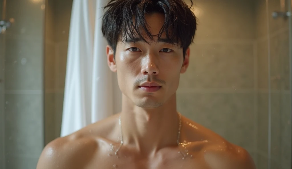 A handsome man, 25 years old, handsome Asian man with short hairstyle, muscular man, wet hair, wrapped in a bath towel, in the restroom