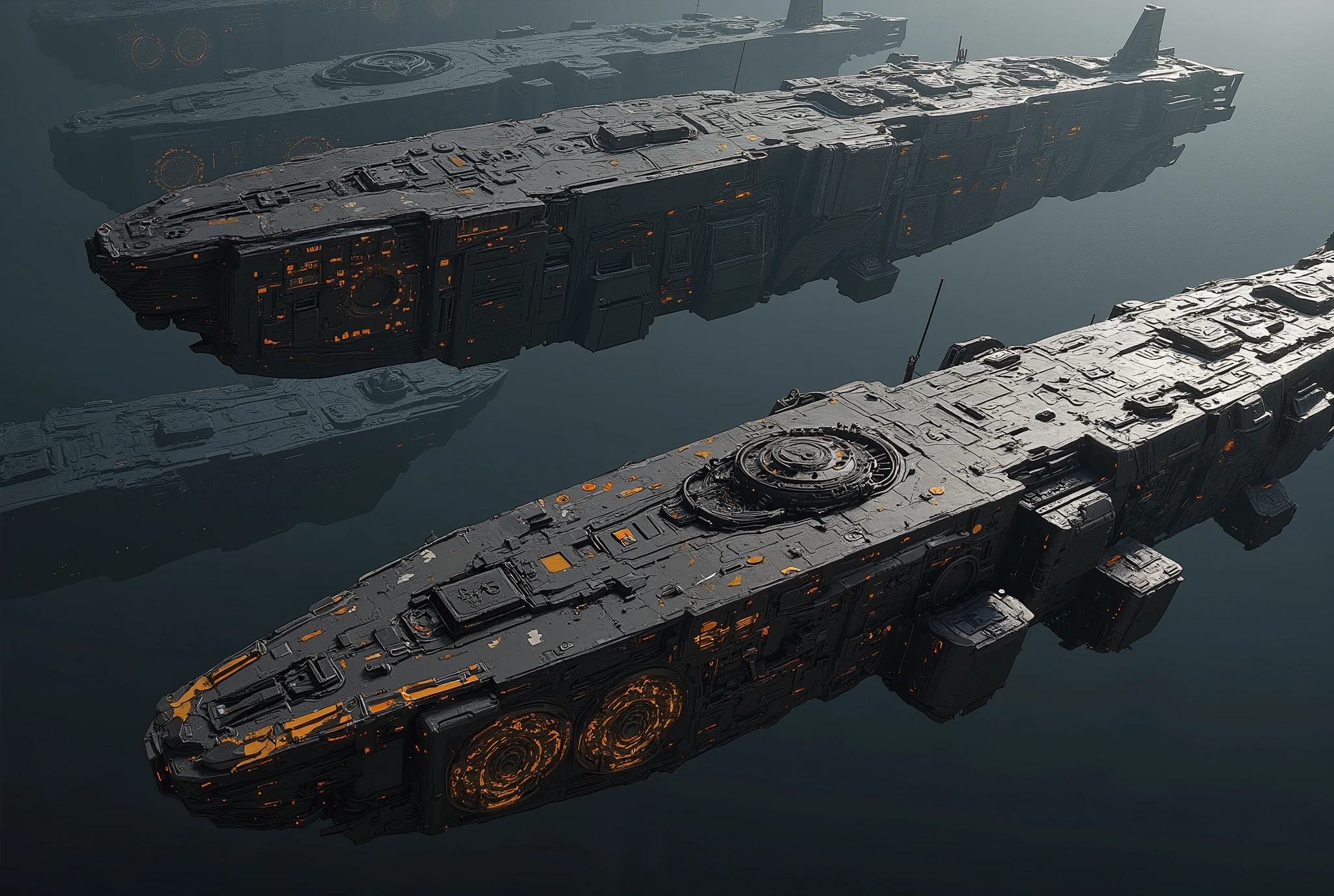 "A hyper-detailed, cinematic portrayal of massive Gothic steampunk star citadel in the grimdark style of Warhammer 40k, captured in ultra-realistic 32k resolution. The battleships have a long, Hexagram-shaped hull, with an imposing bridge and enormous gun turrets, each adorned with intricate, glowing golden runes that add an arcane touch. Gothic, cathedral-like arches, bulkheads, and other architectural flourishes to give them the appearance of imperial grandeur. The ship have a lot of reinforced hulls and bulkheads.
vessels possess transparent shields. Brutalist in design, the ships bear heavily armored, jagged surfaces engraved with dark religious symbols. Guns and rune-marked turrets extend outward, casting shadows that enhance their intimidating presence.
In the background, a misty star system spreads out, featuring cosmic dust clouds, scattered debris, and shadowed craters against a vast, starless void. The straight-on, full-shot angle provides a close view of these brutal ships, showcasing their grim, mechanical elegance as they drift silently through space. Cinematic lighting brings out the depth and detail in every engraving, armor texture, and metallic surface, with a subtle film grain overlay that adds realism and texture. The scene captures the haunting stillness and immense scale of Gothic architecture blended with futuristic warfare, creating a mystical, otherworldly atmosphere."