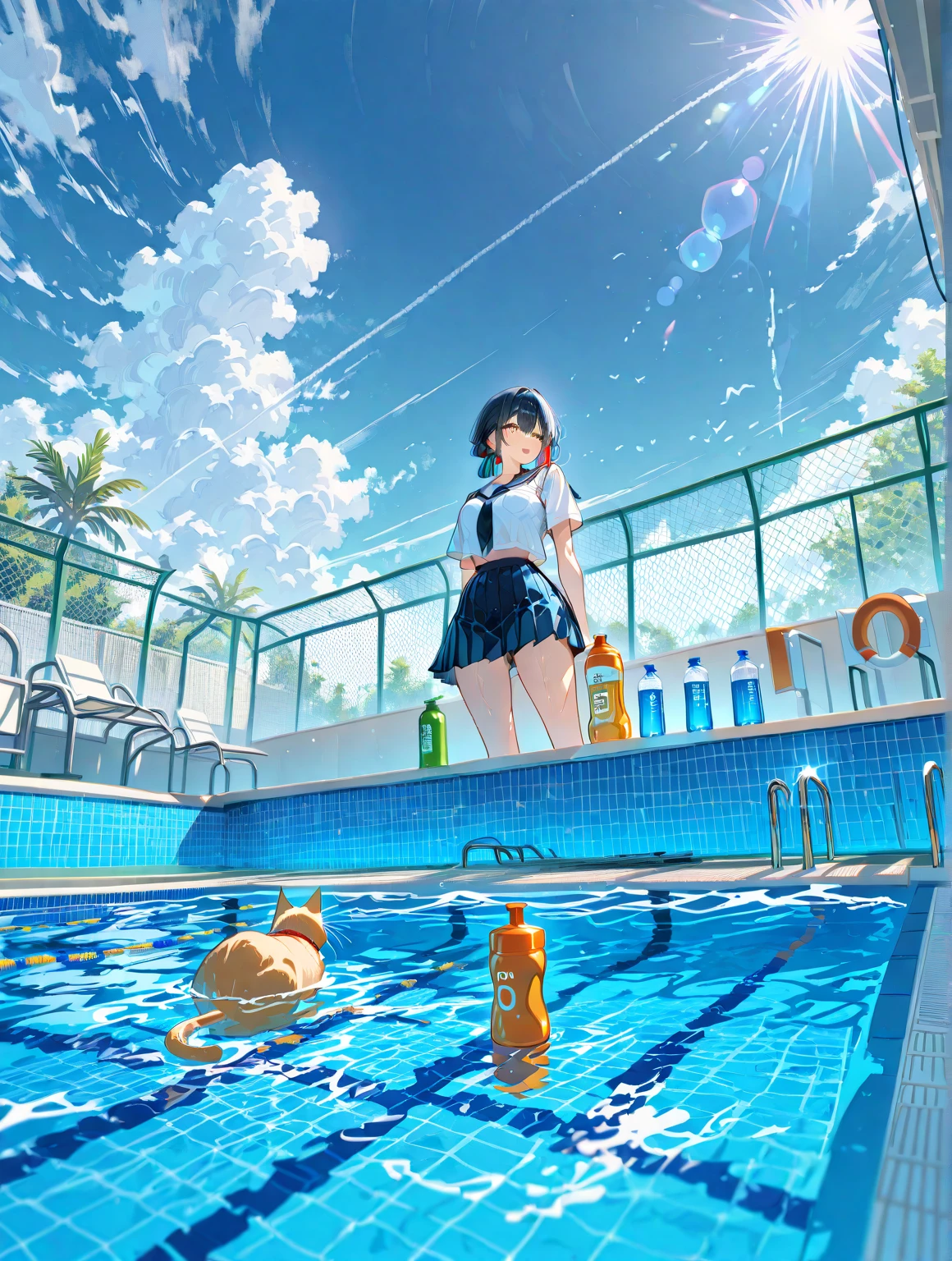 summer, schools, poolside, girl, There is a PET bottle, View from below , uniform, Indo clouds
