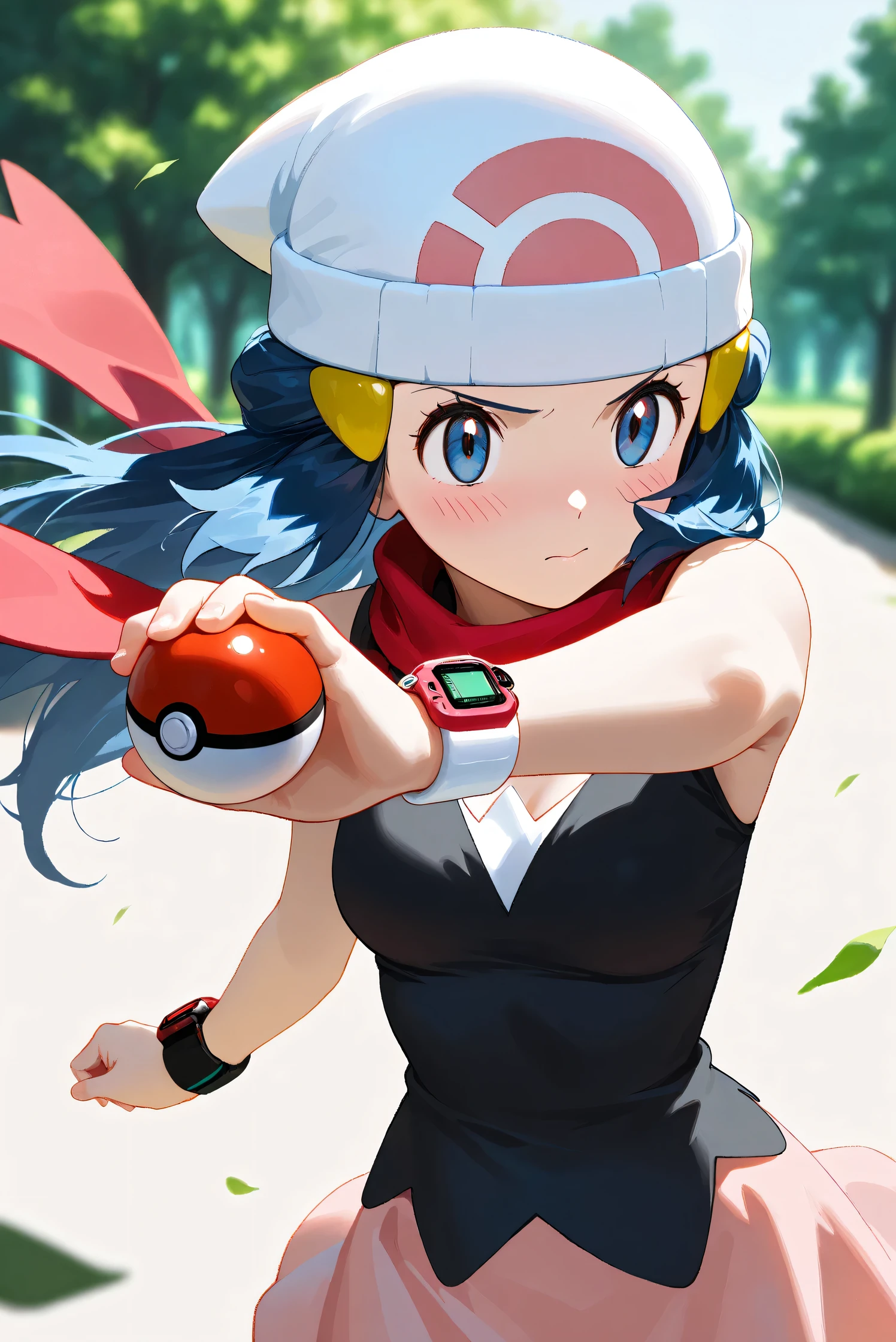 (Masterpiece), (Highest quality), (Very detailed),
(The best shape), (Best Shadow), (Absurd),
(Detailed background), (So beautiful), Shiny ,
Beautiful eyes in every detail, Extraordinary, Countershading, 8k, 32K, High resolution,
Very Detailed CG, UHD,
Score_9, Score_8_up, Score_7_up, Source_anime,
(Pastel painting:1.2), (Watercolor painting:1.2),
(Masterpiece, Detailed:1.2), (Foreshortening:1.2),
Cinematic, Dramatic, (Depth of field:1.4),
(Blurry background:1.4), (Realistic background:1.4),
(Foreshortening:1.3),Dynamic angle, 1 girl,
Outdoor, Nature, Park, Wind,
Hikari, Pokémon, Anime style,
aadawn, long hair, blue hair, beanie, white headwear, hair ornament, blue eyes, breasts, red scarf, sleeveless shirt, black shirt, wristwatch, bracelet, pink skirt,
Wristwatch on the right wrist,
(Bracelet on left wrist:1.1),
Portrait, Focus on face, (Close up shot:1.2),
(Blush:1.3), sharp face, one Pokéball,
Shiny skin,