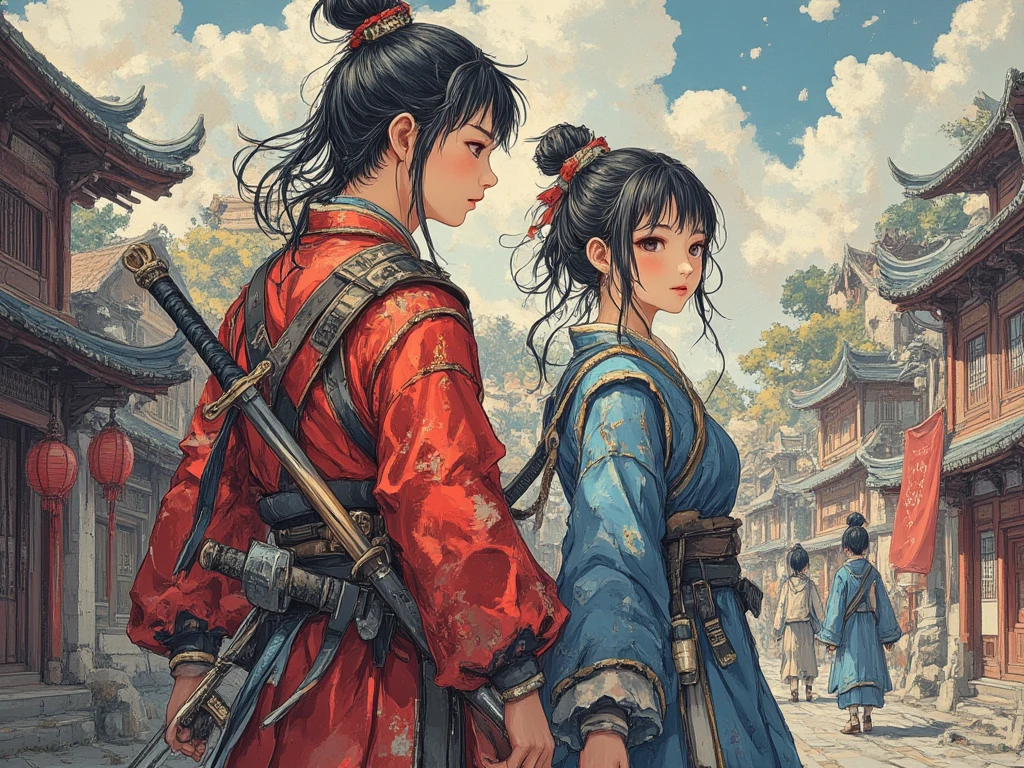 1 Asian male and 1 Asian female, China three kingdom outfit, the male is wearing red fighter clothes with a sword on the back of his hip and wearing a conical hat , the female is wearing blue fighter clothes with her sword on the side of her hip, In fantasy art style, masterpiece,  best quality , Super Detail, an epic, 4K, cinematic light, ultra-detailed,  8k resolution ,(high quality, 8k, 4K, high contrast, masterpiece: 1.2, 最high quality, best aesthetic),quality:(highest quality, 4K, High resolution, masterpiece:1.2), Super detailed, ( fantasy art ,oil:1.5), High quality artwork, delicate brushstrokes, Asian village background, the male and the female has their backs against each other while both looking toward the front