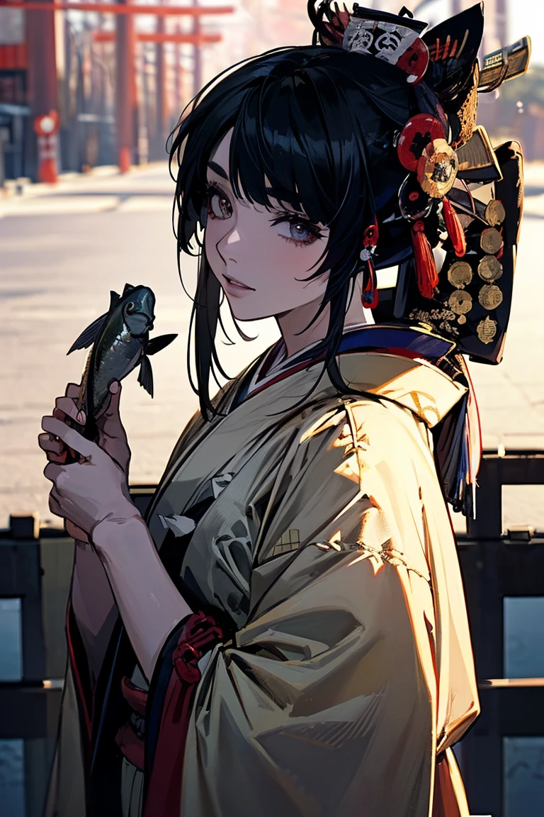 (masterpiece:1.5),beautiful hair,Beautiful Eyes,beautiful lips,Beautiful slender body,(Konno Anna:1.2),(Riho Yoshioka:1.1),(random expression:1.3),(Riverside:1.4),bust illustration from the front ,((((An Extraordinary Beauty:1.7)))),(((( kimono,jacket,Taisho Romance:1.5)))),((19-year-old single woman holding a fish in her hand:1.1)),(accurately depicted anatomically correct hands:1.1)black hair,long lashes,Three-dimensional, jewel-like eyes,Very delicate and beautiful CG,2. 5D illustration, anatomically accurate body, (very precise illustration:1.1),(Outdoors:1.4), (wallpaper:1.4),8k