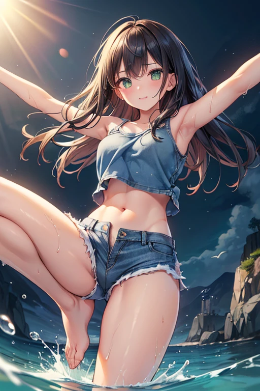 (8K, best quality, master piece: 1.2), super high resolution,1 girl,独奏,8yo,((standing split, Leg lift)),ultra-detailed face,detailed eyes,brown hair,Straight hair,Long hair,aqua eyes,w arms, Denim pants,Plain short sleeve oversized T-shirt,perfect hands, perfect fingers,Professional Lighting,Smile lightly,blue sky,Sea side, clear water
