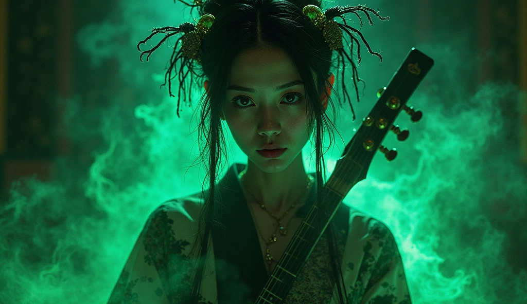 mulher ????, playing guitar, close nela, dark and elegant, of Oiran emerges from the darkness of the night, com uma beleza sublime de folhas vermelhas vibrantes dark green energy, dark green soul, dark green smoke, dark green aura surrounding her. The contrast between deep darkness and vibrant colors creates a striking visual, in ancient China Japanese climate capturing the eyes and hearts of those who contemplate it. dark green energy, Black green around her, fumaça Black green around her, tattoo on arms, green energy around her, aura of fire gold , energia, fundo verde, green fire during the dark night,  scenario war destroyed on the epic empty background , blazing green during the night lots of heavy metal green flames, Fire Black Background White line of black fire falling horizontally with a black background, preto,  dark matter , meteoros, fragments of chaos , Black flames, medieval war scenario empty face pretty face,extremely detailed,intricate details,eyes extremely detailed, high detailed eyes,16k resolution,
realistic humid skin,extremely intricate details, epic realistic ,face anatomically correct,Ultra HD,HDR,
natural skin textures, hyper realism,realistic skin texture, hyper detailed,extremely Realism,Ultra Detailed,body logically correct
