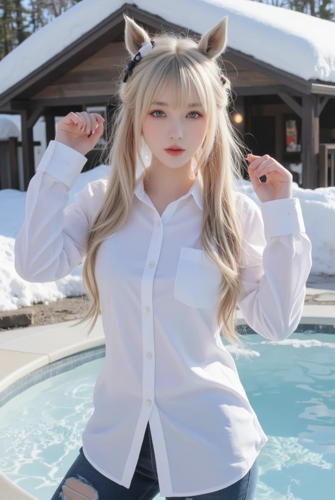 １４Caucasian model at the age, Standing Photo above the knee,（(Clean clothes)), white clothes, Natural light, Pretty Caucasian Woman, white hair, A sloppy smile, (8K, Live shooting, highest quality, masterpiece: 1.2), masterpiece, super detail, , High-definition RAW color photo, , , , , , highly detailed eyes, realistic skin texture, highly detailed fingers, very detailed nose, highly detailed mouth, , Photo above the knee, , See-through feeling、Transparent processing、wearing a sports uniform、, White hair, Blue eyes, masterpiece, realistic skin texture, , shiny hair and white skin, 、 natural skin texture,  A young woman who looks like a girl,  Photo above the knee、Blue eyes,  、lowered eyebrows,  innocent face,  Eyes that look gentle,  natural skin texture, round face,  Kind eyes, long and pure white beautiful hair、, small face,  No decorations attached,  white, drooping eyebrows,  Mont Blanc, white, drooping eyebrows