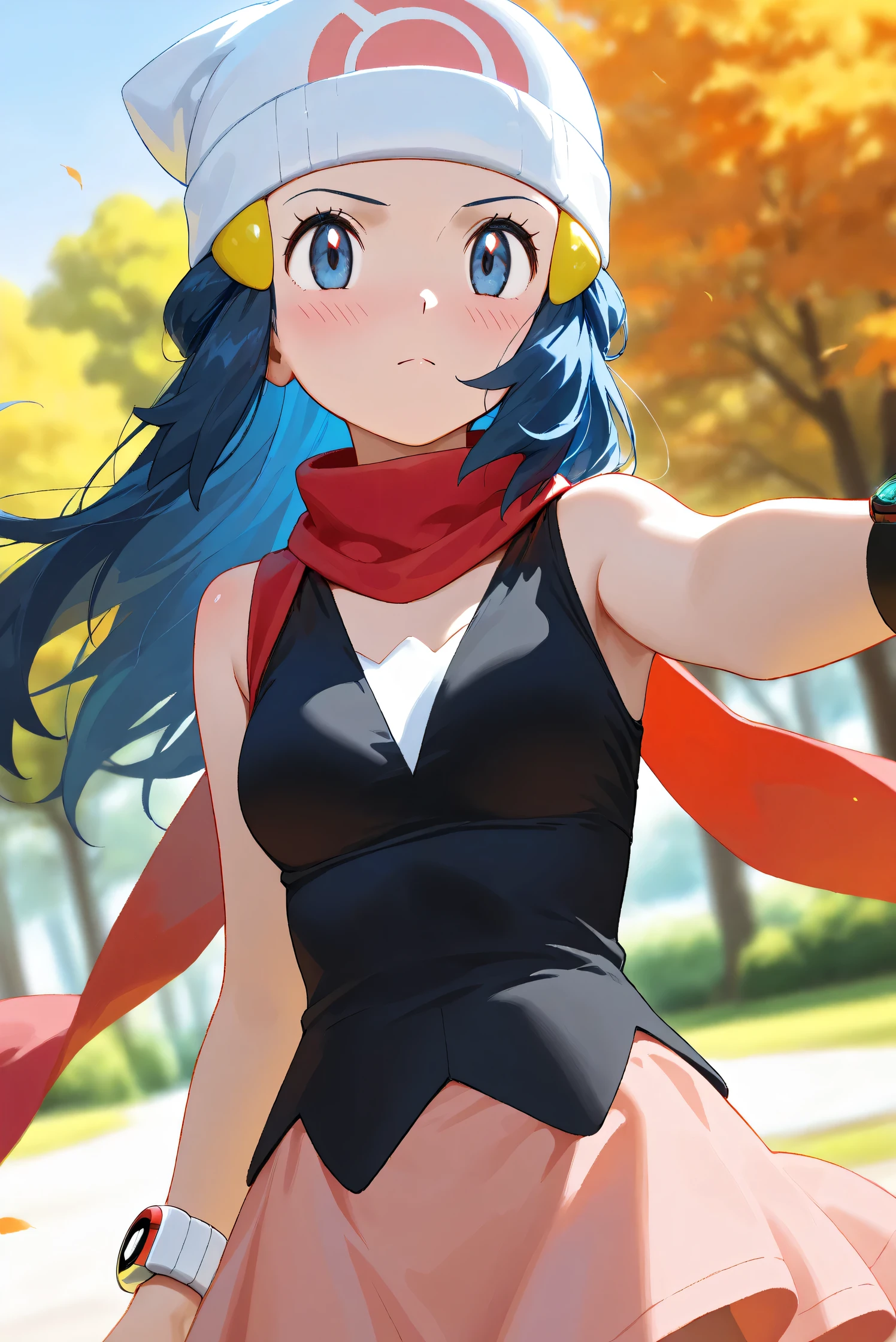 (Masterpiece), (Highest quality), (Very detailed),
(The best shape), (Best Shadow), (Absurd),
(Detailed background), (So beautiful), Shiny ,
Beautiful eyes in every detail, Extraordinary, Countershading, 8k, 32K, High resolution,
Very Detailed CG, UHD,
Score_9, Score_8_up, Score_7_up, Source_anime,
(Pastel painting:1.2), (Watercolor painting:1.2),
(Masterpiece, Detailed:1.2), (Foreshortening:1.2),
Cinematic, Dramatic, (Depth of field:1.4),
(Blurry background:1.4), (Realistic background:1.4),
(Foreshortening:1.3),Dynamic angle, 1 girl,
Outdoor, Nature, Park, Wind,
Hikari, Pokémon, Anime style,
aadawn, long hair, blue hair, beanie, white headwear, hair ornament, blue eyes, breasts, red scarf, sleeveless shirt, black shirt, wristwatch, bracelet, pink skirt,
Wristwatch on the right wrist,
(Bracelet on left wrist:1.1),
Portrait, Focus on face, (Close up shot:1.2),
(Blush:1.3), sharp face, one Pokéball,
Shiny skin,