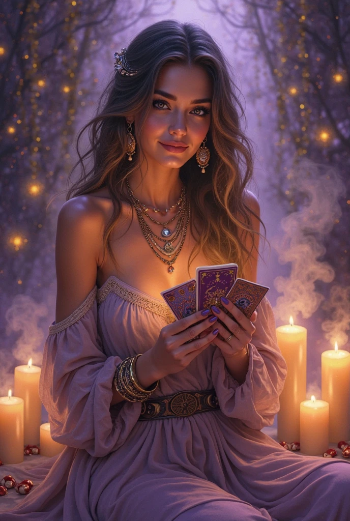 an attractive young woman, with a welcoming smile and mysterious look, holding tarot cards in a mystical environment illuminated by candles. She has long wavy hair, wear elegant boho clothes (like flowing dresses and accessories with crystals), and transmits a friendly and welcoming energy. The background has shades of purple and gold, with magical details such as stars and soft smoke in the air. Art Style: realistic and slightly ethereal.