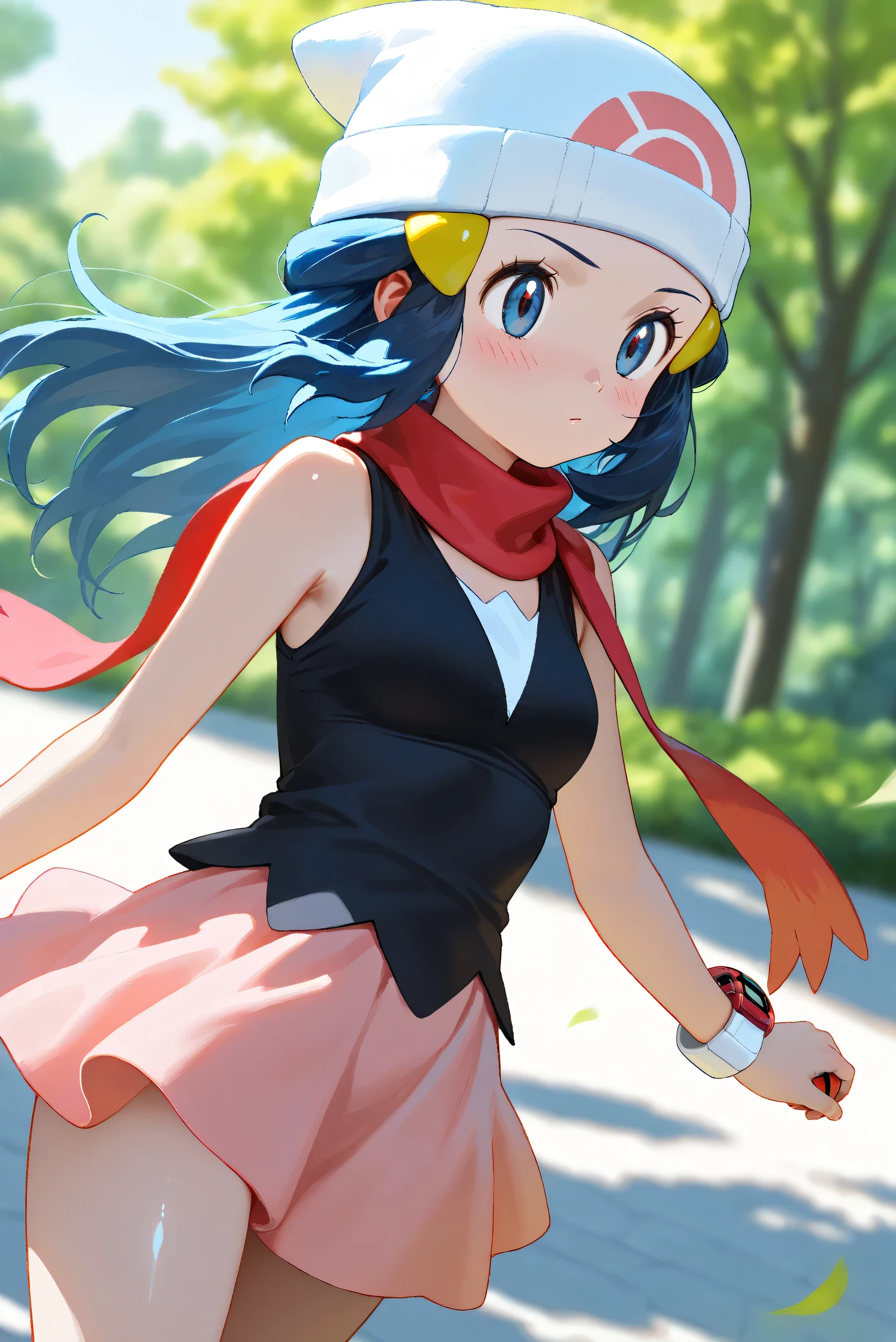 (Masterpiece), (Highest quality), (Very detailed),
(The best shape), (Best Shadow), (Absurd),
(Detailed background), (So beautiful), Shiny ,
Beautiful eyes in every detail, Extraordinary, Countershading, 8k, 32K, High resolution,
Very Detailed CG, UHD,
Score_9, Score_8_up, Score_7_up, Source_anime,
(Pastel painting:1.2), (Watercolor painting:1.2),
(Masterpiece, Detailed:1.2), (Foreshortening:1.2),
Cinematic, Dramatic, (Depth of field:1.4),
(Blurry background:1.4), (Realistic background:1.4),
(Foreshortening:1.3),Dynamic angle, 1 girl,
Outdoor, Nature, Park, Wind,
Hikari, Pokémon, Anime style,
aadawn, long hair, blue hair, beanie, white headwear, hair ornament, blue eyes, breasts, red scarf, sleeveless shirt, black shirt, wristwatch, bracelet, pink skirt,
Wristwatch on the right wrist,
(Bracelet on left wrist:1.1),
Portrait, Focus on face, (Close up shot:1.2),
(Blush:1.3), sharp face, one Pokéball,
Shiny skin,