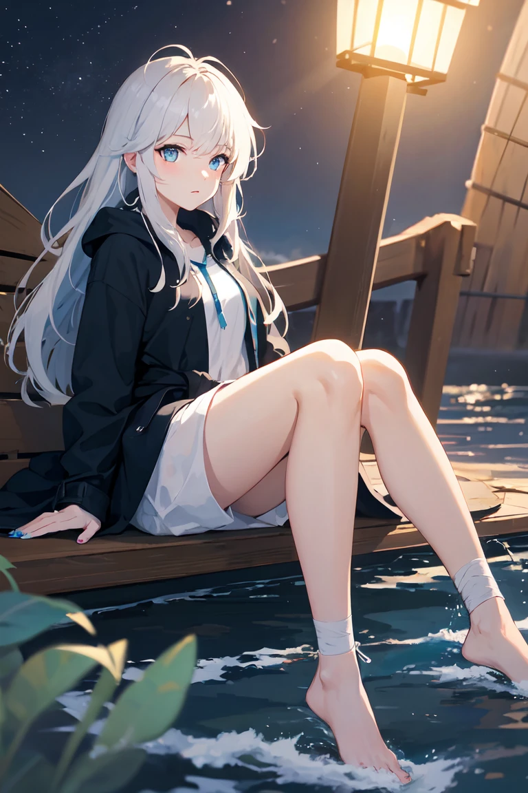 A young girl lying comfortably on a boat, looking up at the starry night sky filled with colorful flowers surrounding the boat, reflecting the bright moon on the lake surface, distant cherry blossom scenery in the background, medium and long distance view, deep depth of field, detailed details. High resolution image, vivid colors, dreamy atmosphere, romantic scene, beautiful night sky, blooming flowers, reflection of the moon on the lake, distant cherry blossoms, serene environment, peaceful mood, starry sky, flower decoration, boat ride, comfortable position, young girl's innocence, tranquility., eluosi, blackpantyhose, qiqiu, 1girl