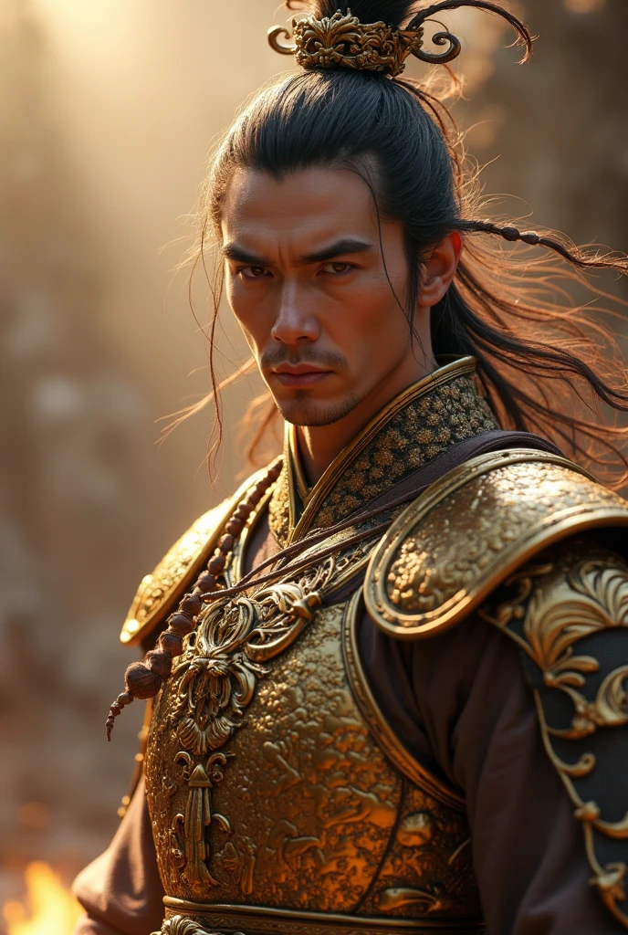 A hyperrealistic 3D cinematic concept art of Sun Wukong, intense lighting, dynamic pose, golden armor with intricate details, dramatic shadows, ultra-detailed textures, volumetric lighting, fantasy environment, depth of field, rendered in Leonardo Kino XL style
