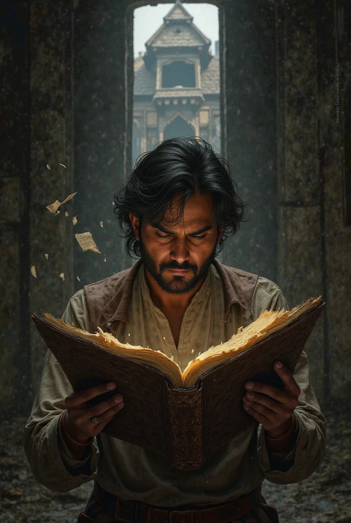 Aditya holds an old manuscript in his hand, a mixture of fear and curiosity in his face. The back of the house and the tall window in an ancient room.

