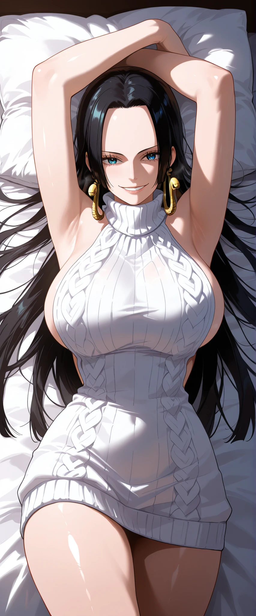 masterpiece, best quality, amazing quality, Sharp images, bright colors, beautiful light and shadows, 1girl, (Boa Hancock , Chainsaw man, One Piece, blue eyes, black hair), wearing white virgin killer sweater, very happy smile, medium up shot, simple background, medium size , golden ratio face, sexy pose, Pinkish skin tone, smooth and soft skin, shiny skin, lying down, top view, side view, sexy body, good smell effect, naked lower body, lying on bed, Pattern style on the pillow