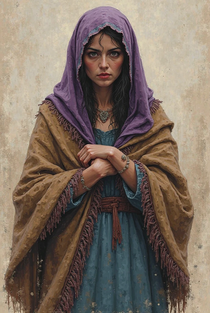 Create a sketch for Mary in the Passion of the Christ, inspired by a t century Jewish woman, With purple veil, brown poncho or cape with fringe and petrol blue dress with high collar