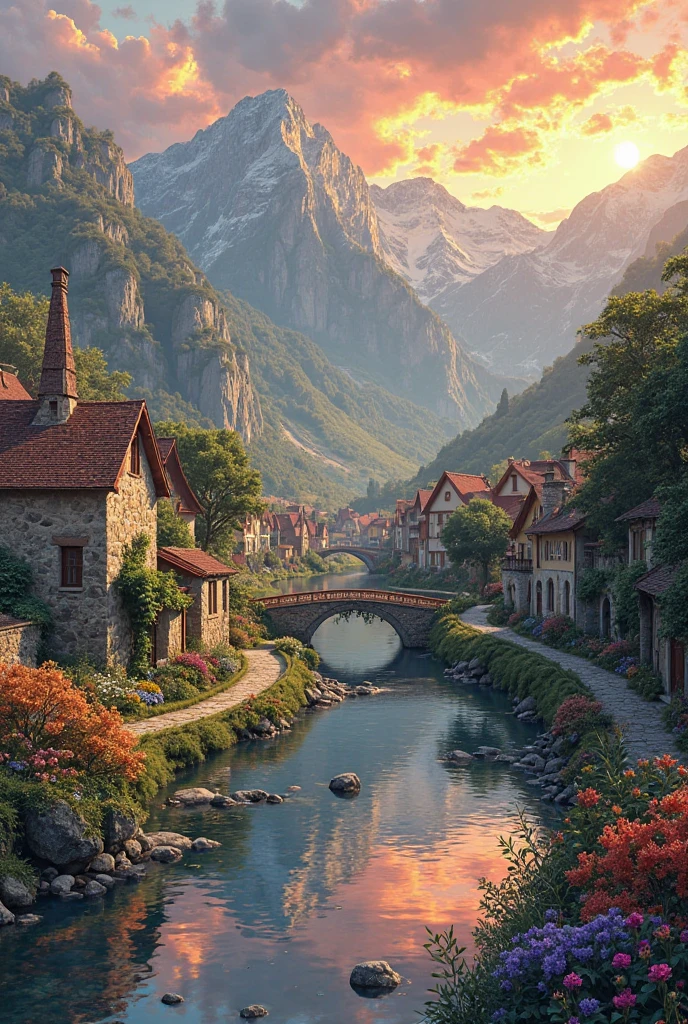 a small village by the river, mountains in the background, fleurs florales colorées,  detailed landscape , Beaux paysages naturels, atmospheric lighting, coucher de soleil brûlant, warm colors, pratique, photorealistic, Detailed foliage ,  complex buildings, Cobblestone street, Charming country house, bright swirling colors, lush vegetation,  Reflections of still water, Pittoresque, idyllique,  work of art, best quality, 8k, extremely detailed, style anime.
