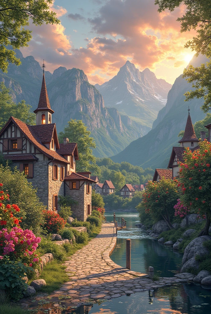 a small village by the river, mountains in the background, fleurs florales colorées,  detailed landscape , Beaux paysages naturels, atmospheric lighting, coucher de soleil brûlant, warm colors, pratique, photorealistic, Detailed foliage ,  complex buildings, Cobblestone street, Charming country house, bright swirling colors, lush vegetation,  Reflections of still water, Pittoresque, idyllique,  work of art, best quality, 8k, extremely detailed, style anime.