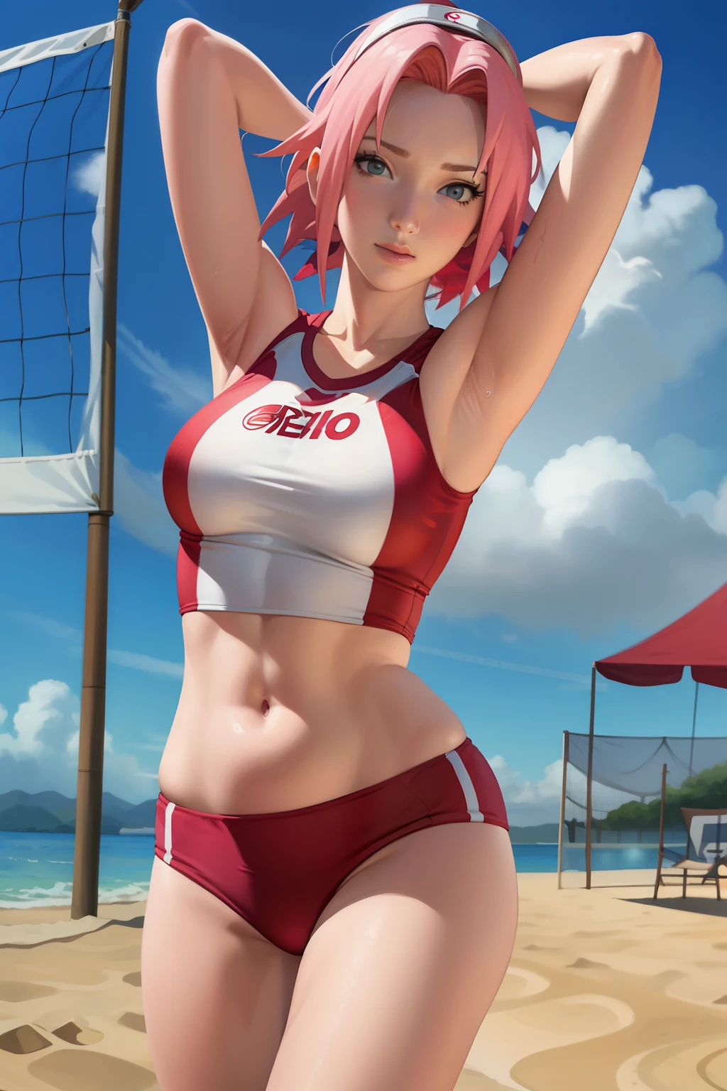 beautiful pinkish-red hair, green eyes, tanned, athletic, small breasts, Best Quality, Detailed, Perfect face, Beautiful face, 1girl, Best Quality, Highly detailed , sadistic smile pantyshot, (frombelow: 1.3), looking back, cuddling, tight sporty clothes, ass, cock buldge under clothes