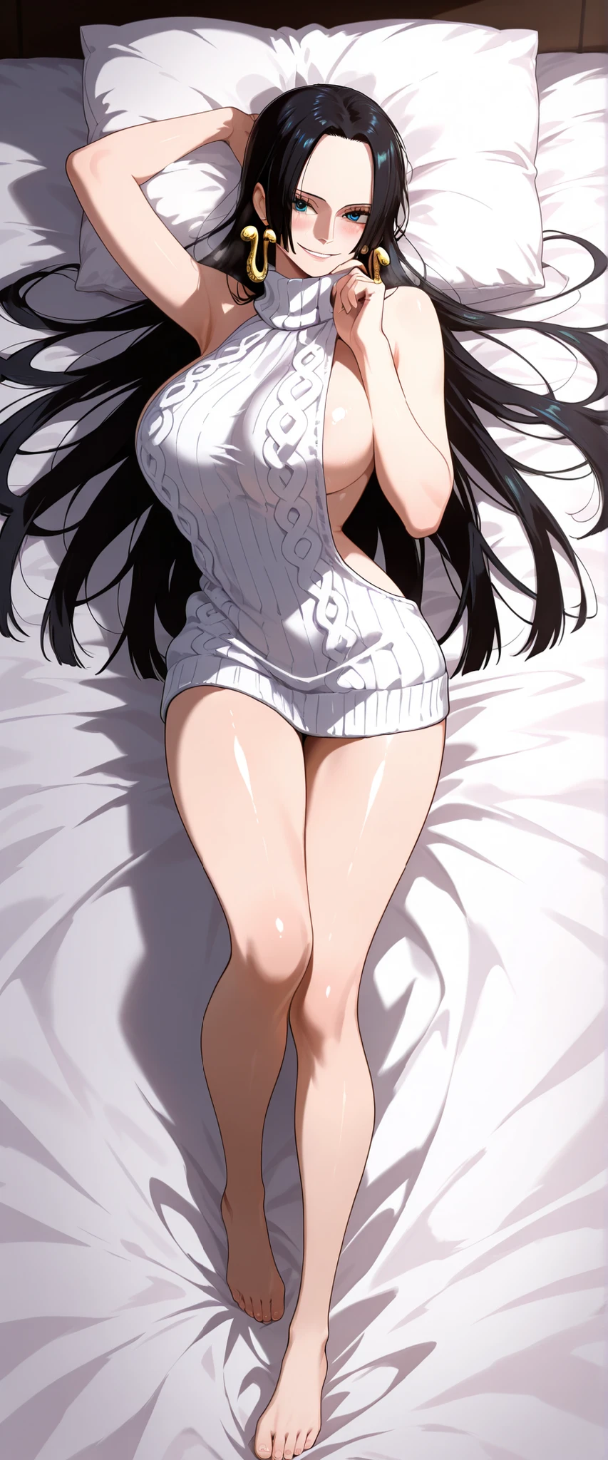 masterpiece, best quality, amazing quality, Sharp images, bright colors, beautiful light and shadows, 1girl, (Boa Hancock , Chainsaw man, One Piece, blue eyes, black hair), wearing white virgin killer sweater, very shy smile, medium up shot, simple background, medium size , golden ratio face, sexy pose, Pinkish skin tone, smooth and soft skin, shiny skin, lying down, top view, side view, sexy body, good smell effect, naked lower body, lying on bed, Pattern style on the pillow, full body,