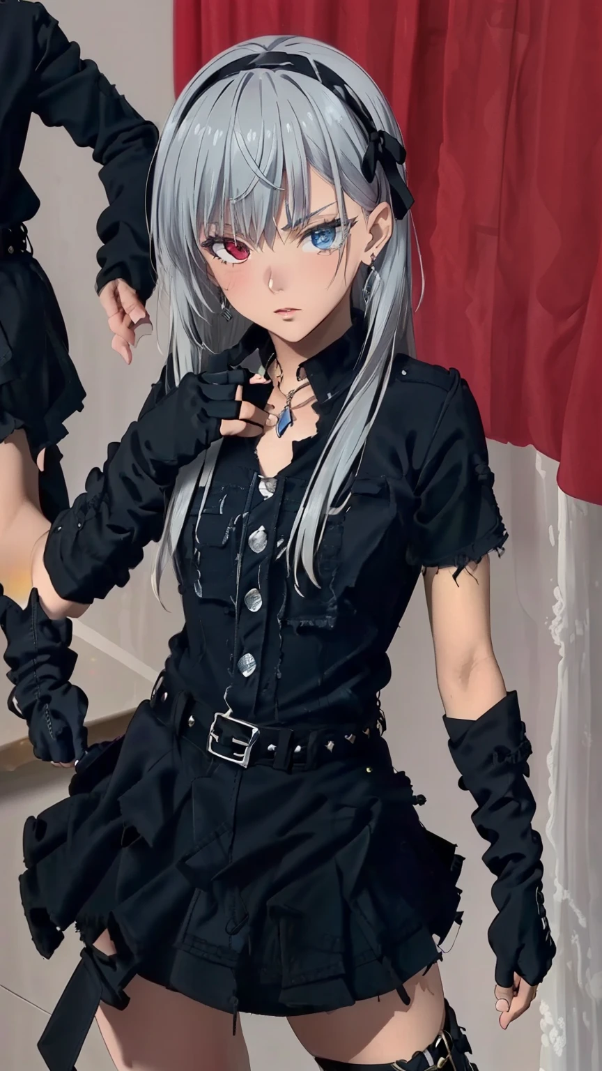 (masterpiece, best quality, high resolution, 8k:1.2), anime coloring, unity 8k wallpaper, (beautiful detailed eyes:1.2), highly detailed face, perfect lighting, highly detailed CG, perfect hands, perfect anatomy, 1 girl, young woman, (mature face:1.5), bearish sentiment, 1 girl, Luminous, tensura, beautiful detailed eyes, Heterochromia, red eyes, blue eyes, bangs, (silver hair, long hair), hair ribbon, hair band, jewelry,
(small medium breasts), (street rock fashion, (black clothes:1.3), ripped skirt, fingerless gloves, belt, earrings, heavy makeup, street corner), (cowboy shot, dynamic pose:1.3), looking at viewer, (glare:1.0),