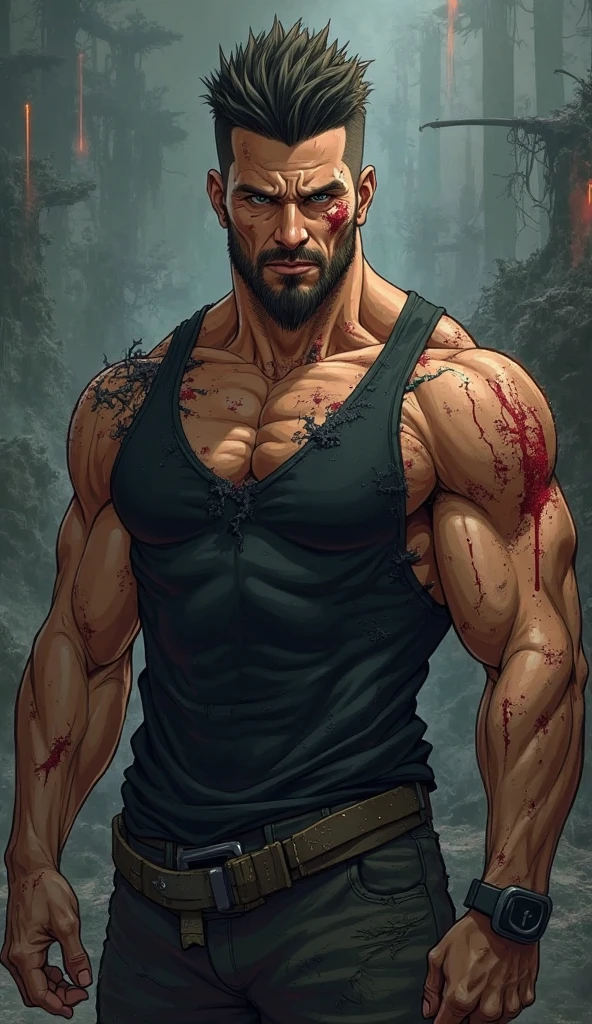 (Create a masterpiece: 1.2),(CGI art:1.3),(realistic:1.5),(After processing:1.3),(Sharp focus:1.3), (man Fight, join in battle:1.5 ),sunglass, straight, front ,Chris Redfield ,(black hair), smile open mouth, (Wear color navy round neck T-shirt: 1.5), (with a Police badge: 1.2), navy cargo, (Torn shirt:1.6), (wound: 1.3) , (blood splatters) ,( abrasions on face: 1.5), (Blood stains on the face and body: 1.4), Korean guy , korean men, (High gloss details), chest muscles, large arm muscles, blood vessel, Big muscles, Broad shoulders, looking at the audience, Balancing the eyes, middle of the road,(Fire blazes behind)