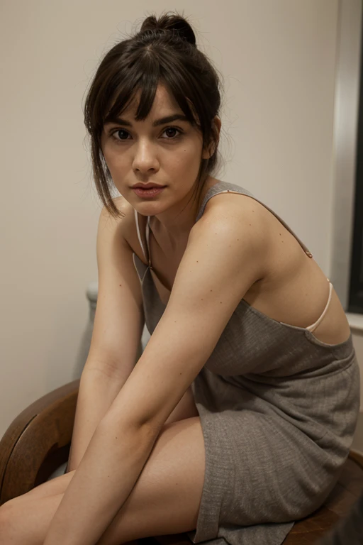 Sophia Lillis, long wavy hair, muscular, sweaty, flexing, standing on a pedestal, white robe