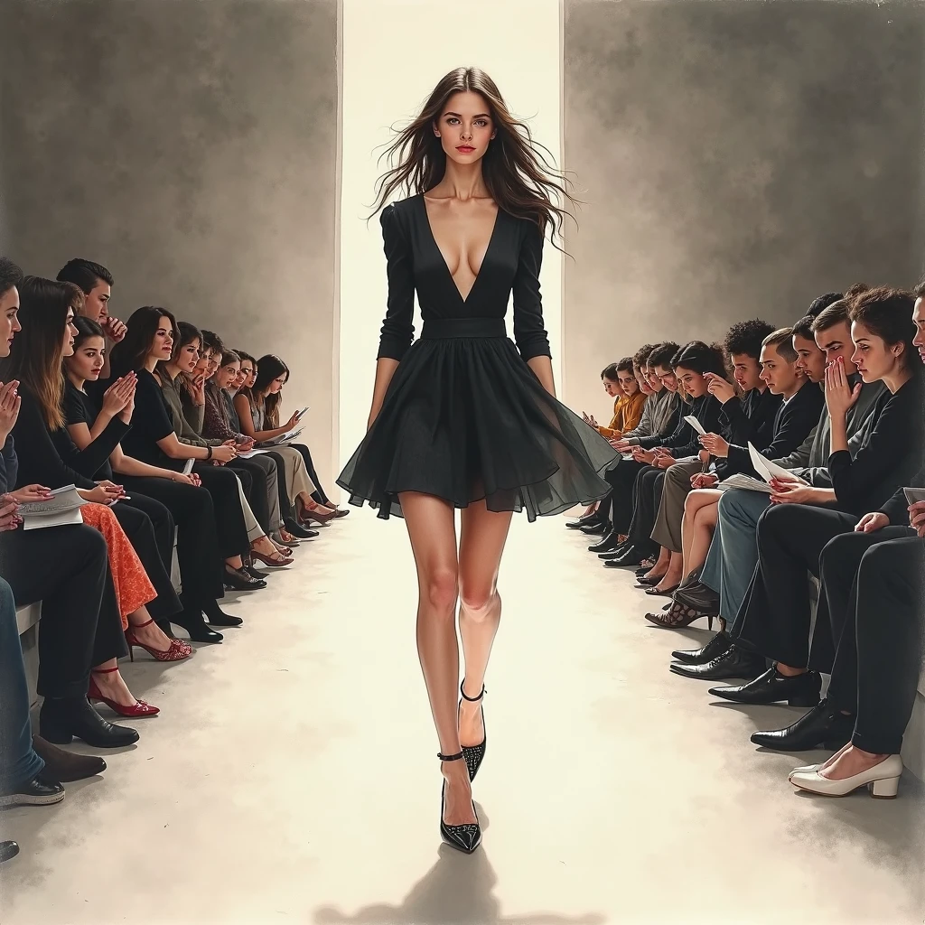 Ink wash portrait painting, composition portraying, a stunning young runway female model, walking the runway, while absorbing, jaw-dropping faces to her body-fitting mini-skirt imitating the inspirational designs of Danna Karan,  (createdbyttyym).