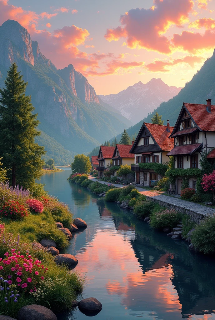 A small village by the river, mountains in the background, colorful flowers, detailed landscape style, beautiful natural scenery, atmospheric lighting,  scorching sunset ,  warm colors, practical, photographic, detailed foliage, complex buildings , cobblestone street, charming country house, vibrant colors, lush vegetation, reflections in the water, pitoresco, idyllic, work of art, Best Quality, 8k, extremely detailed, anime style