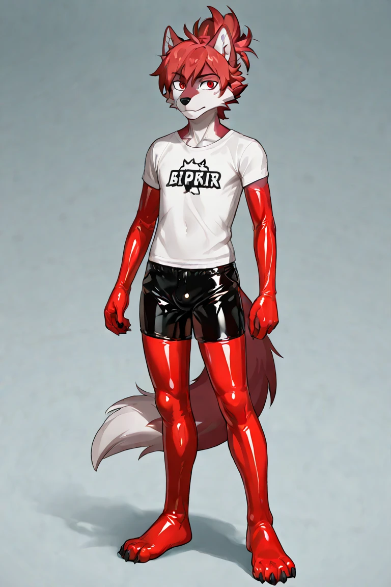 full body，No background, white background, ((by keihound, by reysi)), by Zackary911, by hyattlen, by fumiko, by fluff-kevlar, Furry, Anthro, ((robot)), ((loose collar)), ((teen)), ((twink)), ((small)), ((bored eyes)), ((annoyed expression)), ((blushing)), ((shaking motion line)), full body, short white hair, ((fluffy tail)), ((shirtless，bulge, stockings)), 