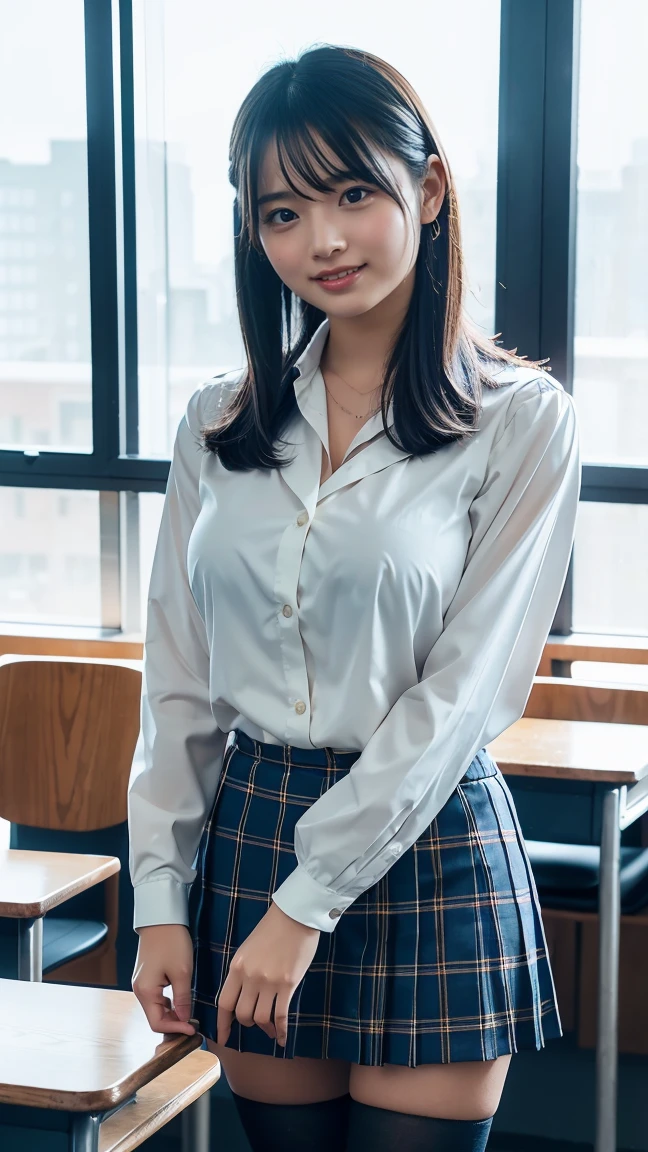 ((beautiful japanese girl, Jie Kang:1.3)) ((middle schoolの:1.4)) ((panty shot:1.5)) ((middle school)),((dark blue skirt:1.3)) ((in the classroom:1.3)) ((thin_fabric:1.4)) ((casual sexy pose:1.3)) ((Sweaty:1.5))((Blushed:1.4)) ((big breasts:1.2)) ((closure:1.2)) best quality,masterpiece,ultra high resolution,(actual:1.4),original photo,(Realistic skin texture:1.3),(film grain:1.3),panoramic,portrait,very wide lens,perfect style, Tight waist,Cowboy shooting,(in the darkness, deep shadow, discreet key, cold light,) night,(()),tears flow,,dust,Tyndall effect,(Performance),1 girl,The details on the eyes and face are exquisite,white jabot,brown eyes,((brown hair:1.2)) ((whole body:1.3)) ((Smile:1.3)), plaid pleated skirt