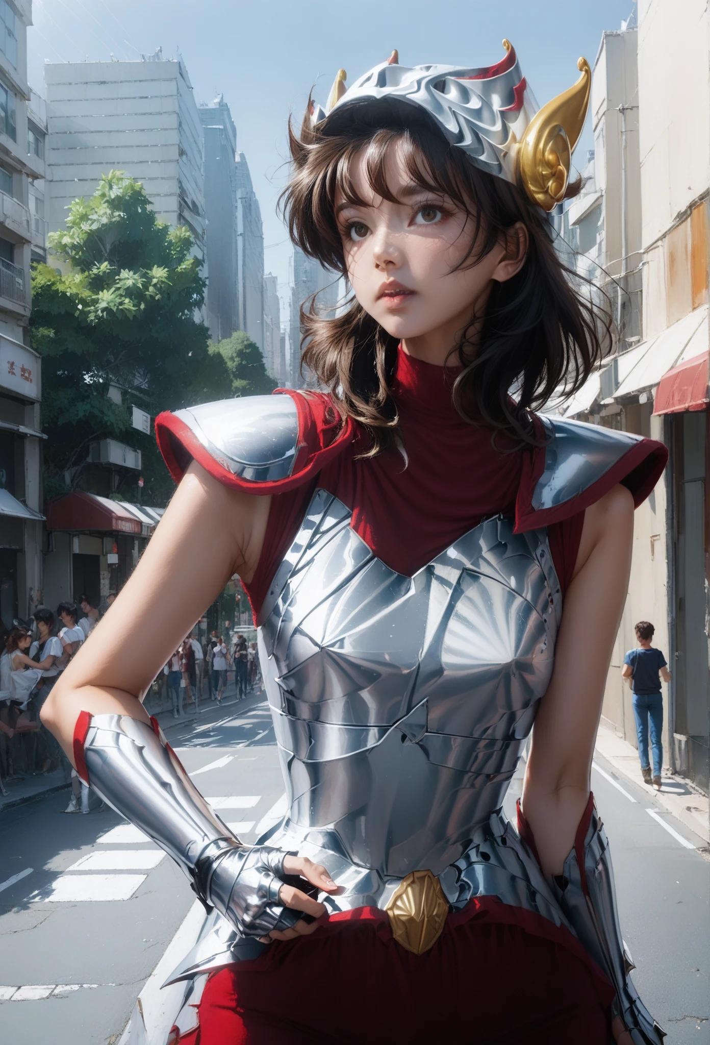 score_9,score_8_up,score_7_up,8k,1 girl,heavy make-up,Outdoors,city,street, Tokyo ,Shinjuku,large chest,slim waist,wide hips,dynamic pose,
upper body,1gseiya,armor,brown hair,chest当て,fingerless gloves,gloves,helmet,faceless,short hair,Red Corset,bodysuit,shoulder armor, foot rest ,armored boots,sleeveless, bracelet ,shoulder armor,boots,chest,