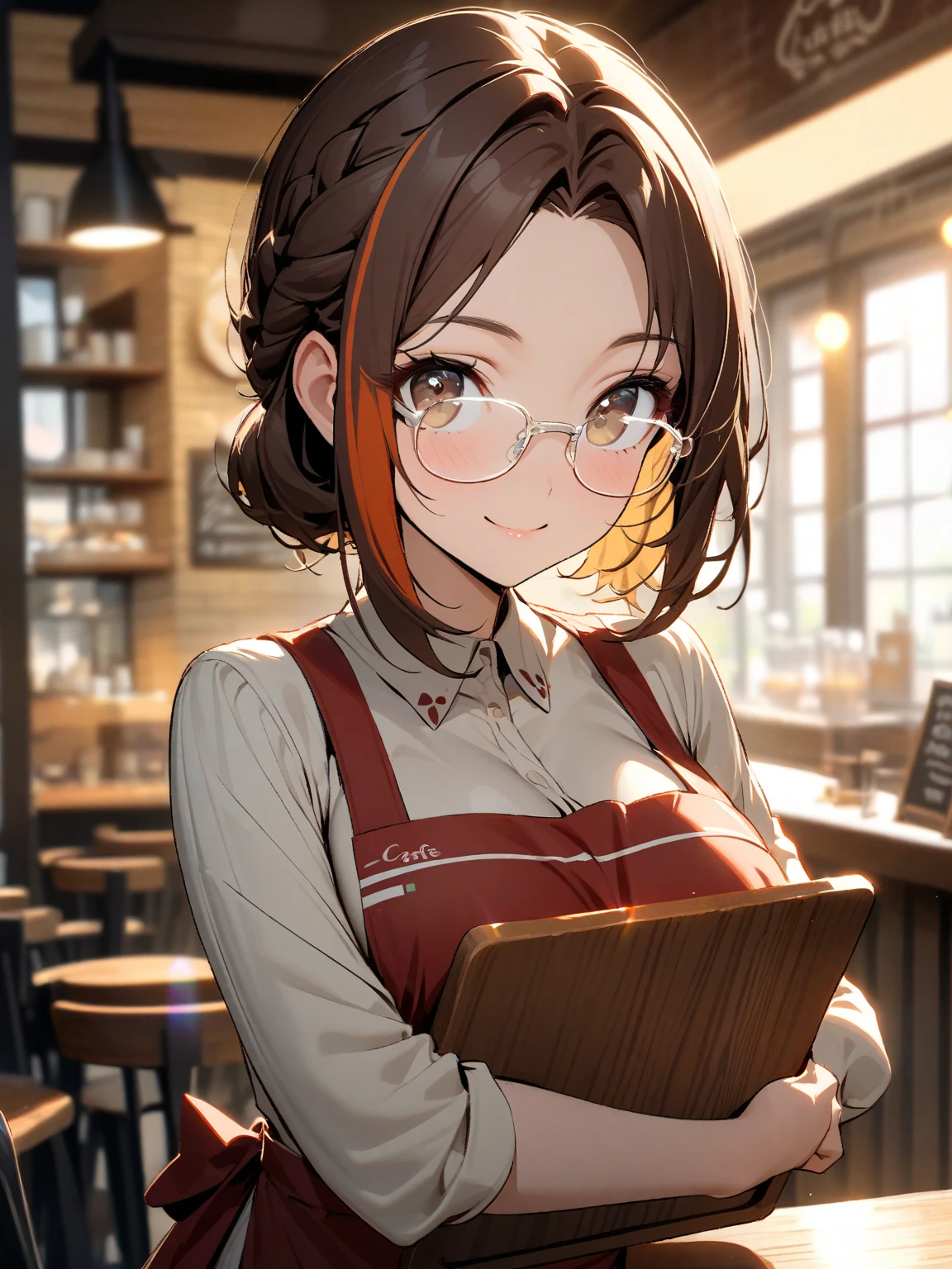 light yellow theme, 1lady, red brown hair, (dark yellow streaked hair:1.1), French braid, parted bangs, dark brown eye, rimless glasses, bright white highlights on glasses, light brown blouse, whitelogo print dark red apron, dark brown pants, beautiful breasts, Confident pose, Holding a wooden tray, smile, cafe, (朝日:1.1), upper body, look at viewer, blurry background, lensflare, lensghost, natural lighting, subtle highlights and shadows