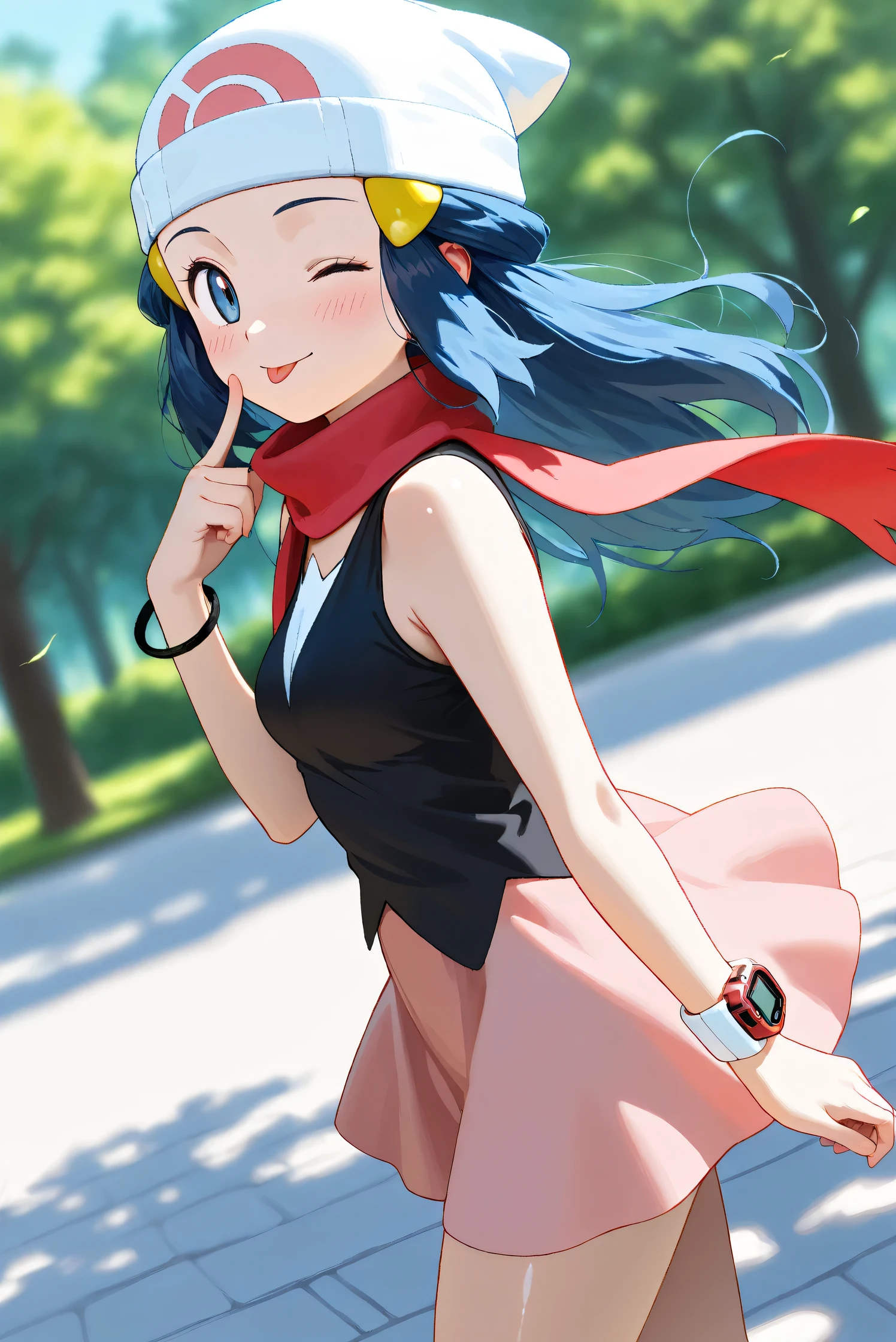 (Masterpiece), (Highest quality), (Very detailed),
(The best shape), (Best Shadow), (Absurd),
(Detailed background), (So beautiful), Shiny ,
Beautiful eyes in every detail, Extraordinary, Countershading, 8k, 32K, High resolution,
Very Detailed CG, UHD,
Score_9, Score_8_up, Score_7_up, Source_anime,
(Pastel painting:1.2), (Watercolor painting:1.2),
(Masterpiece, Detailed:1.2), (Foreshortening:1.2),
Cinematic, Dramatic, (Depth of field:1.4),
(Blurry background:1.4), (Realistic background:1.4),
(Foreshortening:1.3),Dynamic angle, 1 girl,
Outdoor, Nature, Park, Wind,
Hikari, Pokémon, Anime style,
aadawn, long hair, blue hair, beanie, white headwear, hair ornament, blue eyes, breasts, red scarf, sleeveless shirt, black shirt, wristwatch, bracelet, pink skirt,
Wristwatch on the right wrist,
(Bracelet on left wrist:1.1),
Portrait, (Focus on face:1.3), (Close up shot:1.4),
(Blush:1.3), one eye closed, tongue out, happy,
Shiny skin,