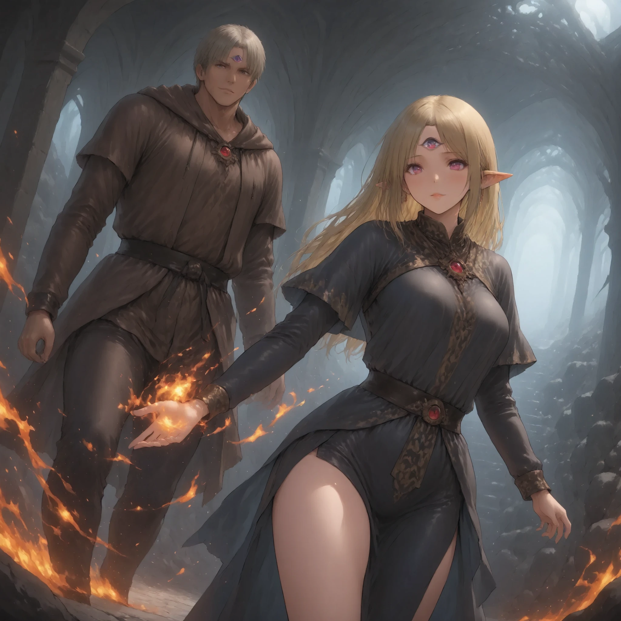 ((Best Quality)),( super high definition),(Super detailed),( detailed description ),((The best CG)),(masterpiece),  dark dungeon,dark cave,lanthorn,adventurer,
A third eye on the forehead,  flame magic shooting to forward