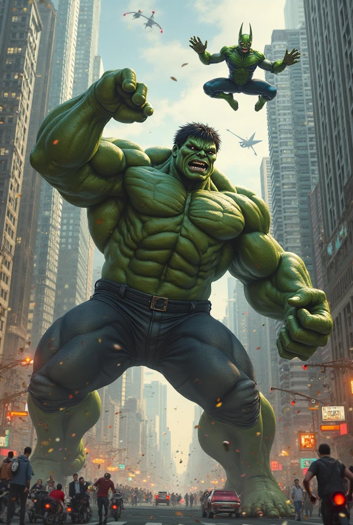 Hulk and the gorilla are having a fierce fight between tall buildings. Some helicopters are also firing bullets at the gorilla. It looks like Hulk is going to win against a gorilla