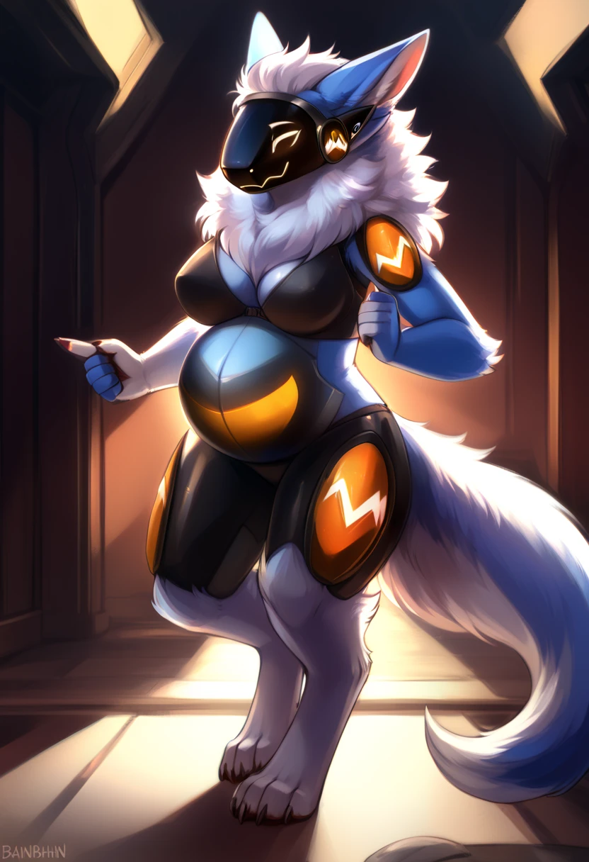 top quality, best quality, by claweddrip, High-quality illustrations, masterpiece)(kemono, furry anthro), logo mark, round, female, arctic protogen, blue visor, slim body, fur, fluffy, big breasts, wide hips, fluffy tail, tattoo on left hand, tight one-piece swimsuit, pregnant