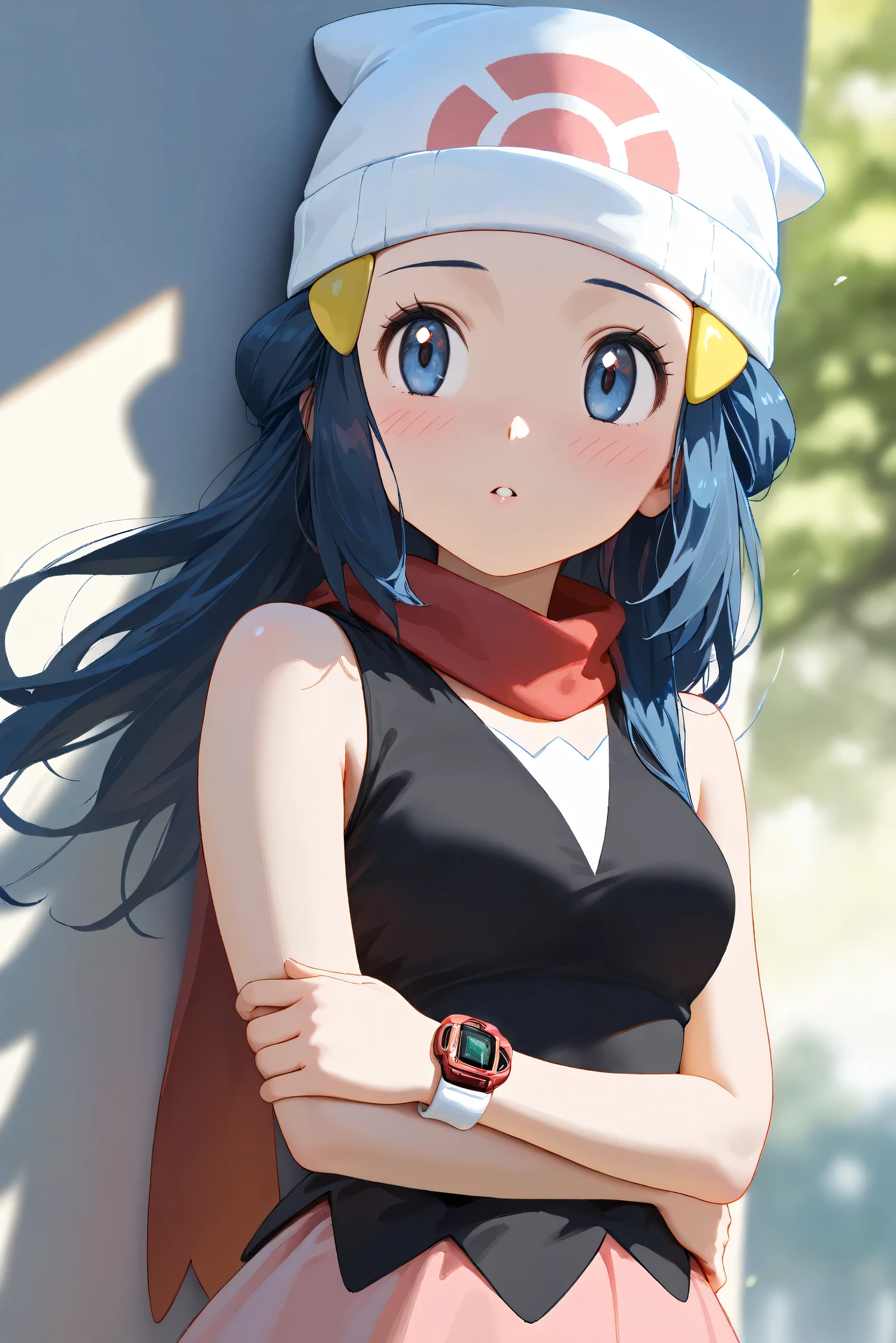 (Masterpiece), (Highest quality), (Very detailed), 
(The best shape), (Best Shadow), (Absurd), 
(Detailed background), (So beautiful), Shiny , 
Beautiful eyes in every detail, Extraordinary, Countershading, 8k, 32K, High resolution, 
Very Detailed CG, UHD,

Score_9, Score_8_up, Score_7_up, Source_anime, 
(Pastel painting:1.2), (Watercolor painting:1.2),
(Masterpiece, Detailed:1.2), (Foreshortening:1.2),

Cinematic, Dramatic, (Depth of field:1.4),
(Blurry background:1.4), (Realistic background:1.4),
(Foreshortening:1.3),Dynamic angle, 1 girl,
wind,

Hikari, Pokémon, Anime style,
aadawn, long hair, blue hair, beanie, white headwear, hair ornament, blue eyes, breasts, red scarf, sleeveless shirt, black shirt, wristwatch, bracelet, pink skirt,
Wristwatch on the right wrist,
(Bracelet on left wrist:1.1),

Portrait, Focus on face, (Close up shot:1.2),
(Blush:1.3), parted lips, stand against the wall,
Shiny skin, 