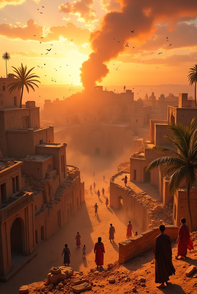 A hyper-realistic, wide-angle cinematic image set during sunset, showing the dramatic collapse of an ancient desert village into a massive vortex. The scene is viewed from a slightly elevated rooftop, half-destroyed, inside the village. The architecture is old and classical—sandstone buildings, domes, crumbling arches, narrow dusty alleys, and shattered towers. In the foreground, terrified villagers in ancient clothing flee, some frozen in horror, others caught mid-air as they’re dragged into the vortex. A lone clutches debris, crying amid the chaos.
The vortex is a deep, swirling hole tearing through the earth at the center of the village, with the ground visibly cracking open. The earth's surface is breaking apart as stone, fire, and people are sucked into its core. The vortex appears like a dark, spiraling pit, pulling everything into it. Smoke and glowing dust rise high, twisting into the golden-pink sky.
The sunset casts warm, cinematic light—shifting from golden to reddish-orange to deep violet—contrasting with the dark shadows creeping over the wreckage. In the distance, lightning flickers inside the storm clouds. Palm trees bend unnaturally toward the vortex, while birds scatter in panic. A cracked statue of a forgotten figure lies half-buried in the dust, symbolizing the fall of an ancient civilization.
The emotional tone is epic, tragic, and mysterious—like the climactic final moment of a grand historical drama. Style: Hyper-realistic photography with cinematic lighting, sharp details, and deep emotional atmosphere. Orientation: Wide landscape.