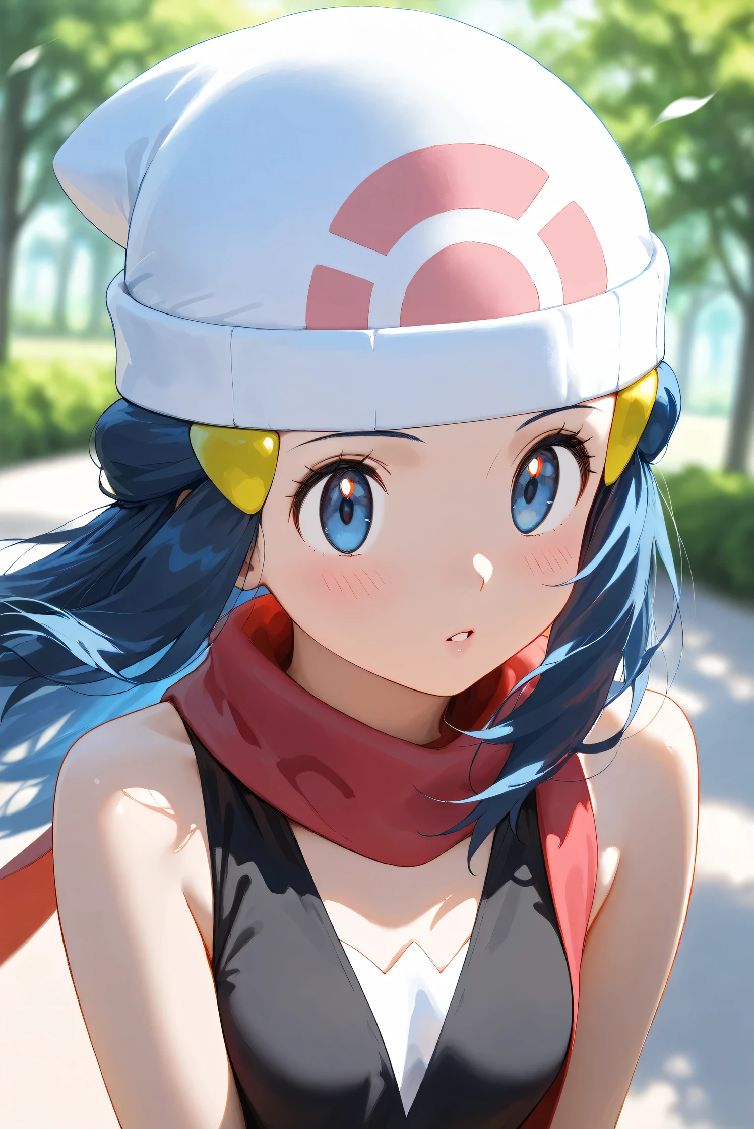 (Masterpiece), (Highest quality), (Very detailed), 
(The best shape), (Best Shadow), (Absurd), 
(Detailed background), (So beautiful), Shiny , 
Beautiful eyes in every detail, Extraordinary, Countershading, 8k, 32K, High resolution, 
Very Detailed CG, UHD,

Score_9, Score_8_up, Score_7_up, Source_anime, 
(Pastel painting:1.2), (Watercolor painting:1.2),
(Masterpiece, Detailed:1.2), (Foreshortening:1.2),

Cinematic, Dramatic, (Depth of field:1.4),
(Blurry background:1.4), (Realistic background:1.4),
(Foreshortening:1.3),Dynamic angle, 1 girl,
Outdoor, Nature, Park, (Wind:1.2),

Hikari, Pokémon, Anime style,
aadawn, long hair, blue hair, beanie, white headwear, hair ornament, blue eyes, breasts, red scarf, sleeveless shirt, black shirt,

Portrait, Focus on face, (Close up shot:1.2),
(Blush:1.3), parted lips, Tuck hair behind ears,
Shiny skin, 