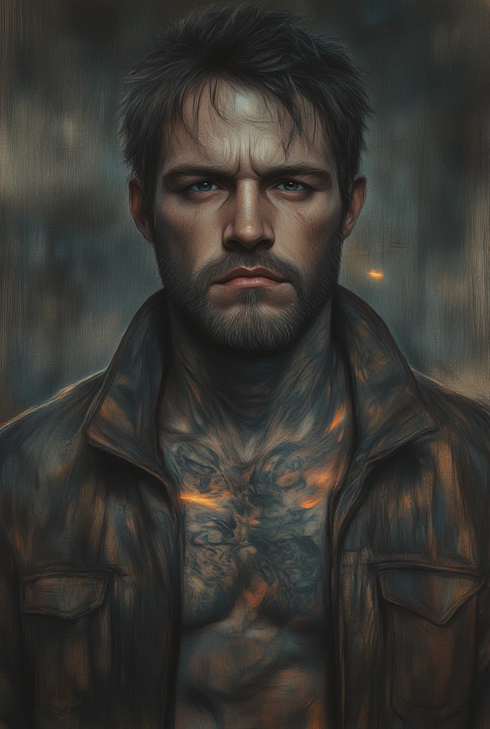 ((best quality)), ((masterpiece)), (detailed) A close-up portrait of a masculine man with a rugged appearance wearing a leather jacket. He has short, dark hair and is holding a gun in one hand. A lit cigarette hangs from his lips, and he has visible tattoos covering his chest and neck. His  expression is serious, with noticeable scars adding to his tough demeanor. The background is dark, creating a moody atmosphere.