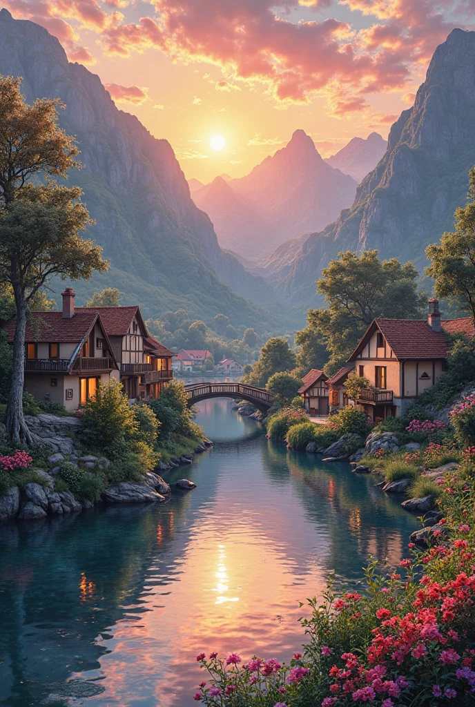 A Small Village by the River，Mountains in the background，Flowers in bloom，brightly colored， Detailed Scenery ， Beautiful natural landscape ，Mood lighting，Scorching sunset，Warm colors，practical，practical摄影， Detailed Leaves，Complex buildings， cobblestone streets ， Charming country house ，riverside villa，dense vegetation，Still water reflections，Picturesque，Leisure and tranquility，artworks，best quality，8k， Extremely Detailed，anime style