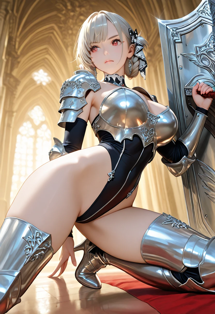 ((A young adult blond male dragoon wearing erotic armored leotard and armor plates rubbing and humping his crotch against his weapon that is positioned in between his legs)), he is breathing heavily and his body is twitching as he rubs the weapon in between his legs, NSFW, hentai, porn, erotic,