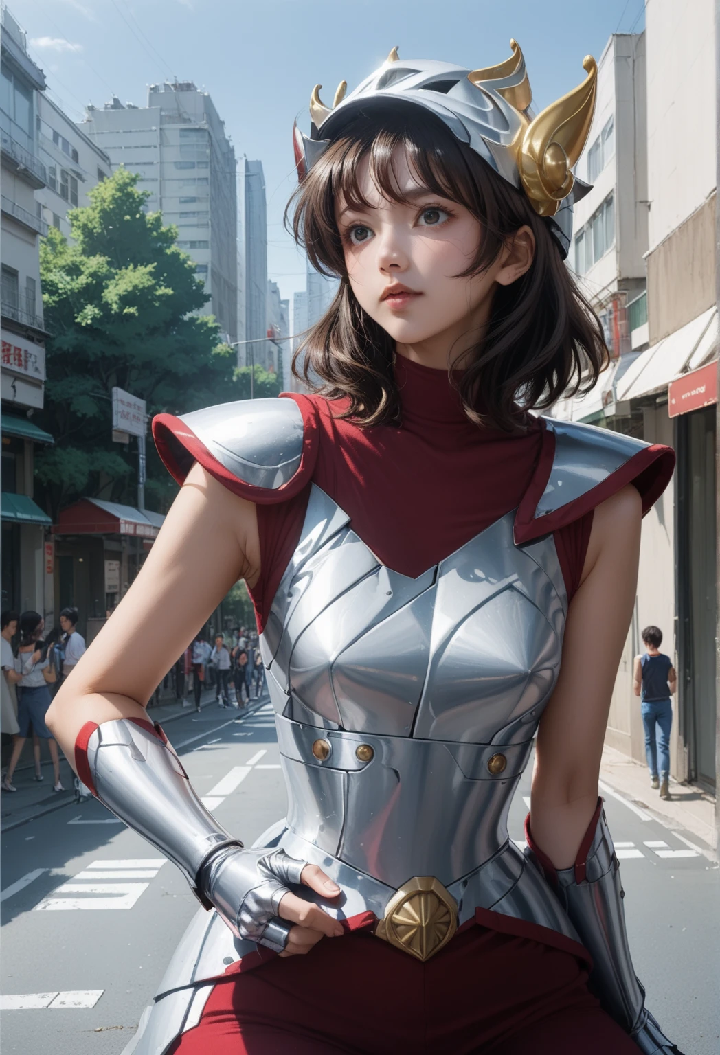 score_9,score_8_up,score_7_up,8k,1 girl,heavy make-up,Outdoors,city,street, Tokyo ,Shinjuku,large ,slim waist,wide ,dynamic pose,
upper body,1gseiya,armor,brown hair,当て,fingerless gloves,gloves,helmet,faceless,short hair,Red Corset,,shoulder armor, foot rest ,armored boots,sleeveless, bracelet ,shoulder armor,boots,,
