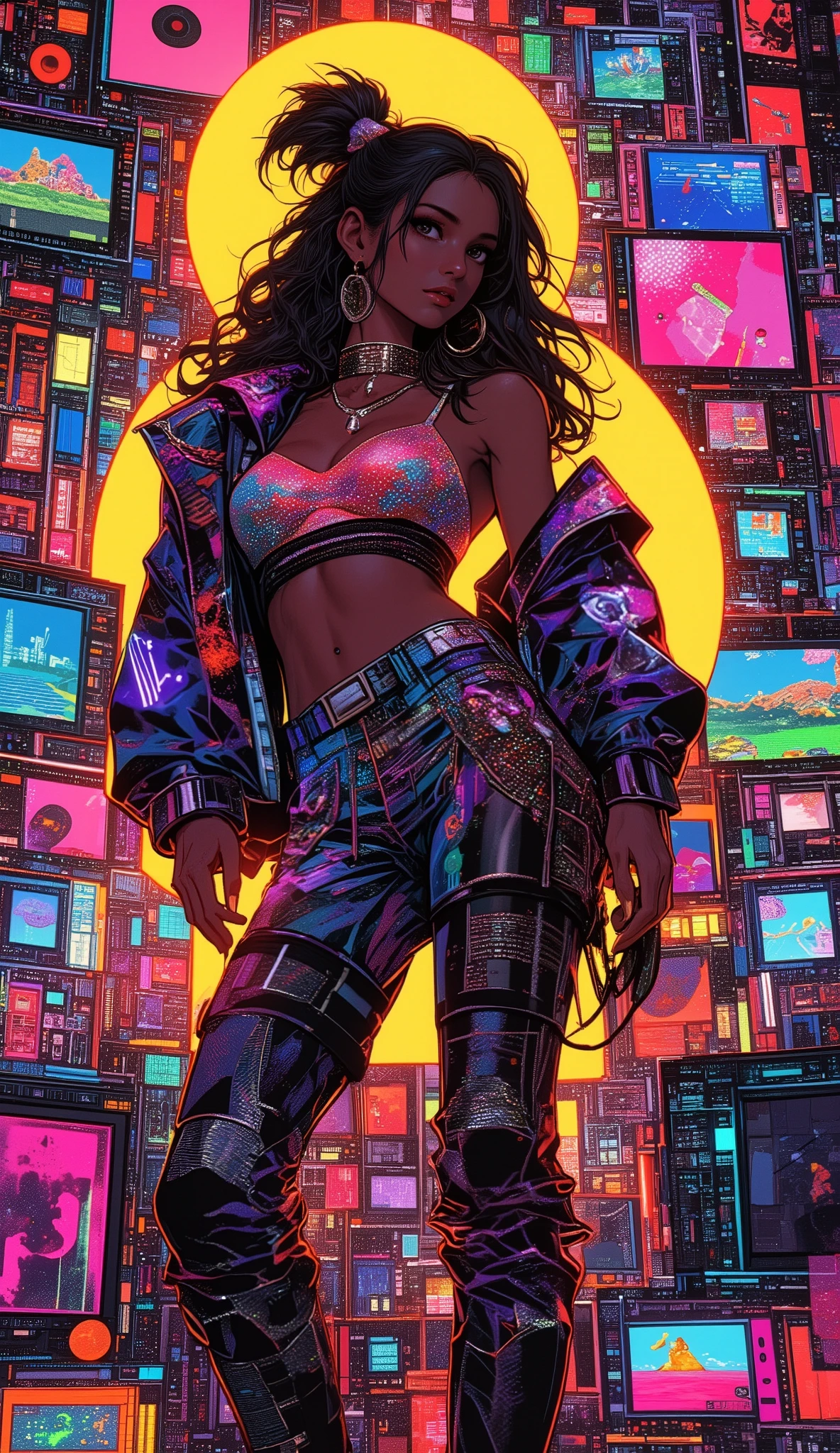 masterpiece, Best Quality, details, sexy, 80's music scenes, Collage poster pictures、collage with a collection of retro game screens、