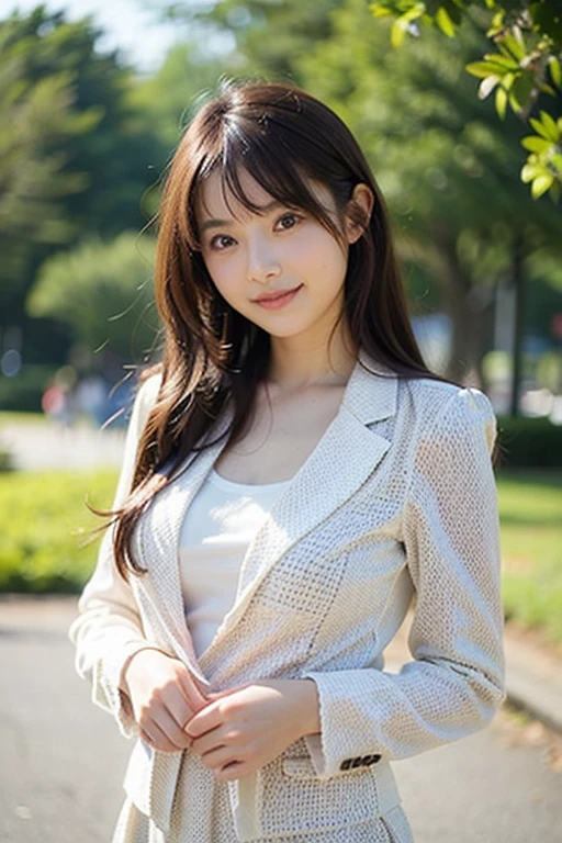 ((highest quality)), ((masterpiece)), (detailed), Perfect Face, smile, amusement park,, Huge breasts spilling out of her shirt, Accentuate larger breasts, Japan teenager, タイトな白いボタンダウンのBusiness shirts, Remove all buttons, Unbutton all the buttons on your shirt and open your chest wide, Deep cleavage、Wavy long hair, Navy blue tight skirt, Exposing large, protruding breasts, Pointed upper part of chest, Angle from the side,Business shirts, Upturned chest, Distinguish the shape of the left and right breasts clearly, The underboob is clearly visible, Look at me and smile, Baby Face