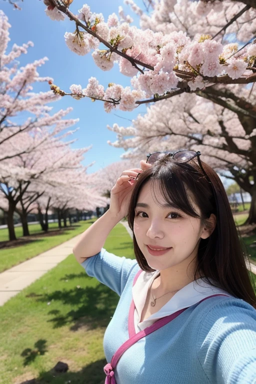 She looks 12 years old but has the cute face of an 18 year old idol　Completely naked　Small bust　height 150cm　Standing in a park where cherry blossoms are blooming　Standing next to me is my mother, who is 165 cm tall.　Raw photo　genuine　live-action　High definition