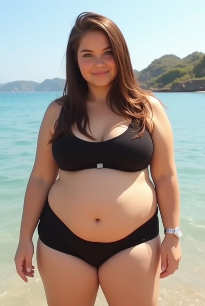 (best quality, masterpiece:1.2), 1girl, solo, cute, smile, detailed background, looking at viewer, solo focus, ((double chin)) beach, depth of field, long hair, blue eyes, black hair, straight hair, hot, sweating, sweaty, purple bikini, see thru, (obesity:1.4), ((fat folds)), ((chubby, fat arms)), (fat rolls, wide belly:1.2),